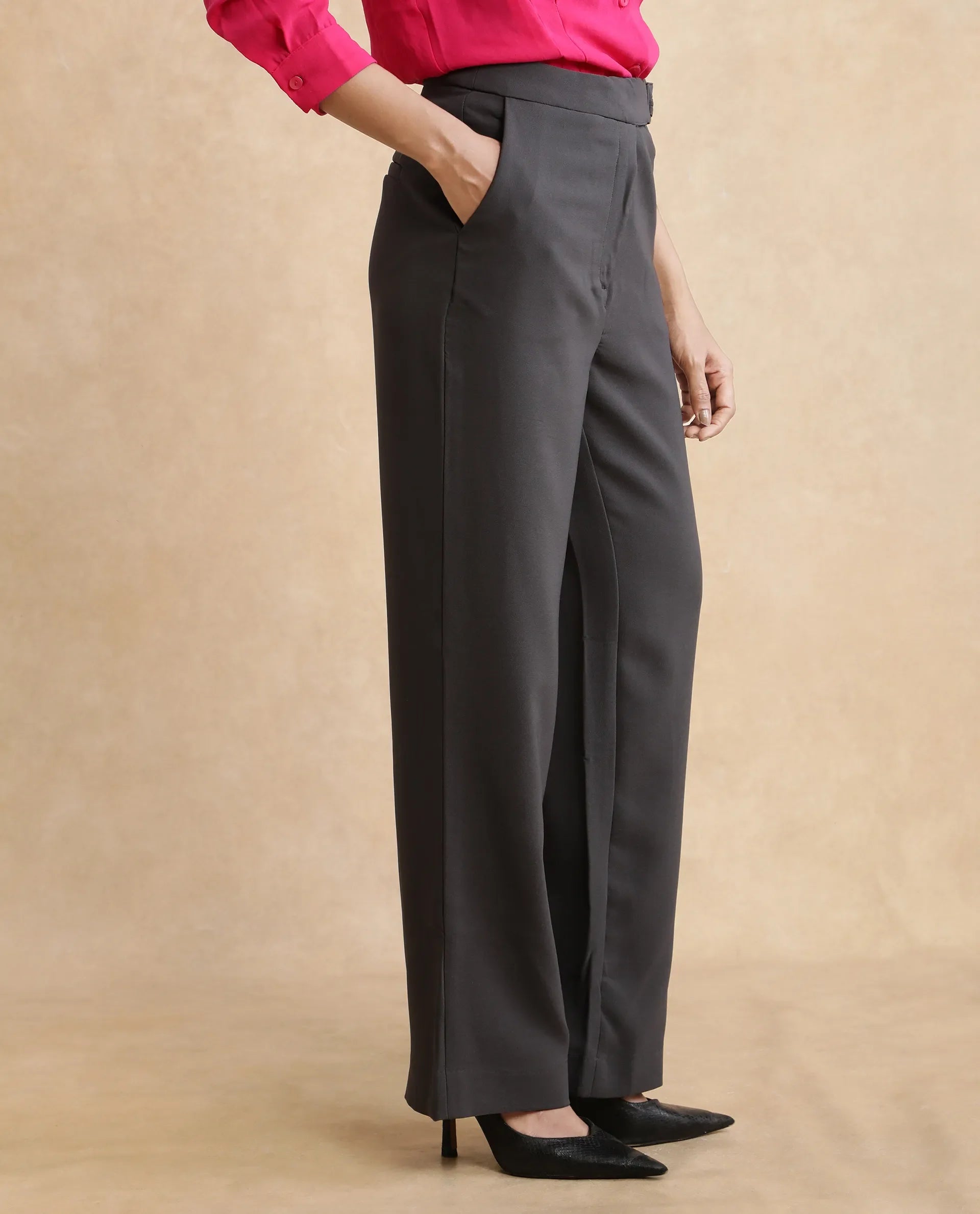 Rareism Women's Hanne Grey Cotton Blend Plain Ankle Length Straight Fit Trouser