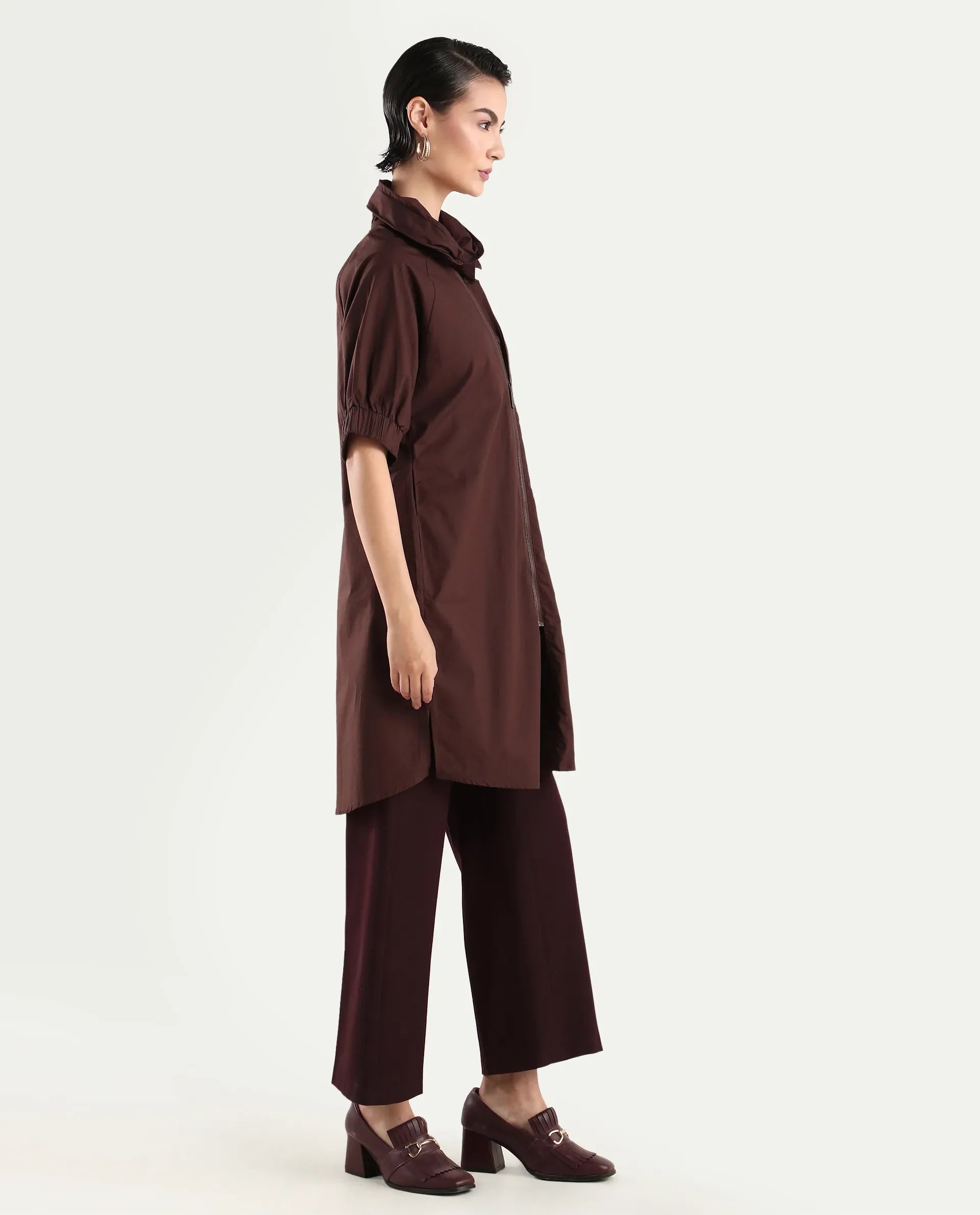Rareism Women's Hanoi Dark Brown Cotton Hooded Plain Raglan Sleeve Knee Length Boxy Fit Jacket