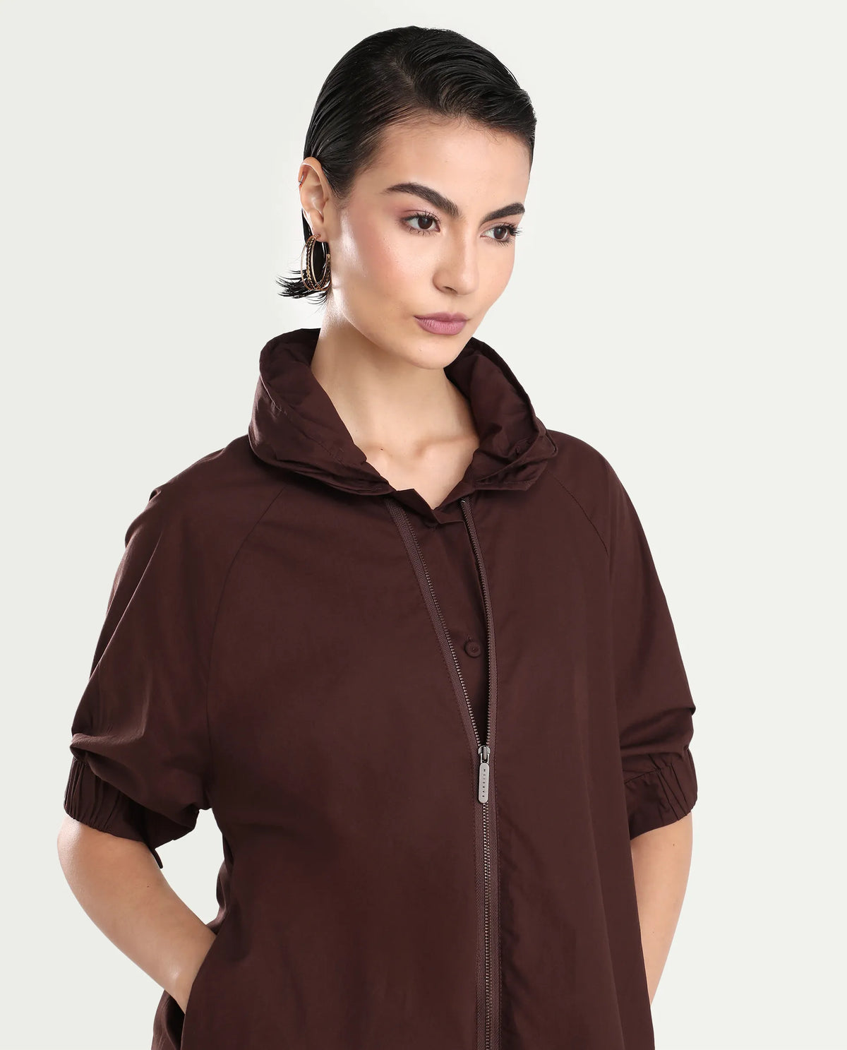 Rareism Women's Hanoi Dark Brown Cotton Hooded Plain Raglan Sleeve Knee Length Boxy Fit Jacket