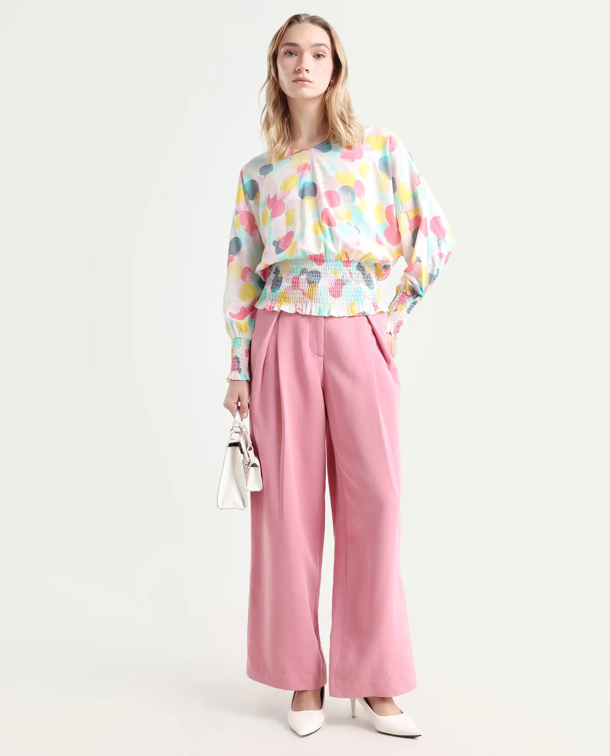 Rareism Women's Hanson Pink V-Neck Printed Knee Length Tailored Top