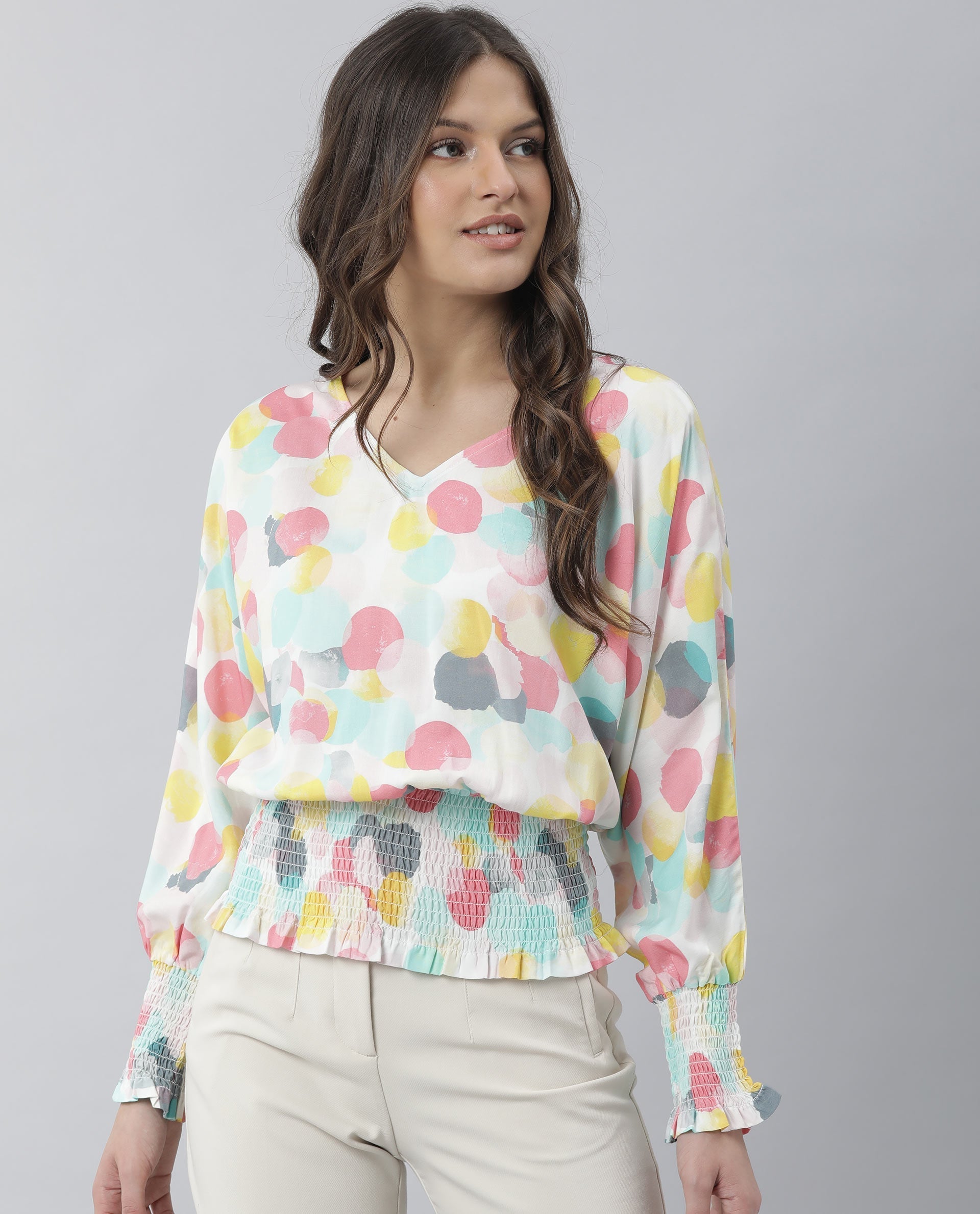 Rareism Womens Hanson Pink Top Viscose Fabric Regular Fit Full Sleeve V Neck