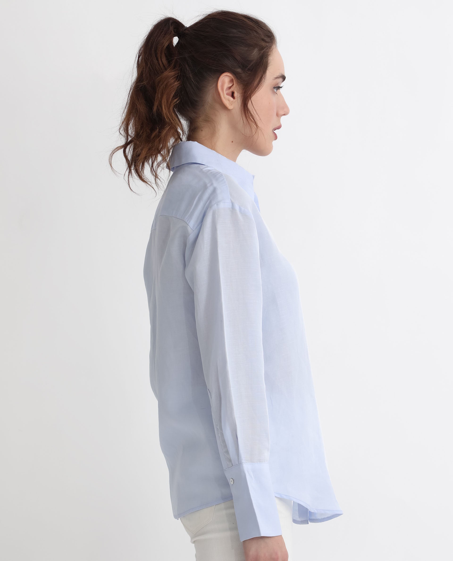 Rareism Women Harper Pastel Blue Modal Fabric Regular Sleeve Shirt Collar Solid Shirt