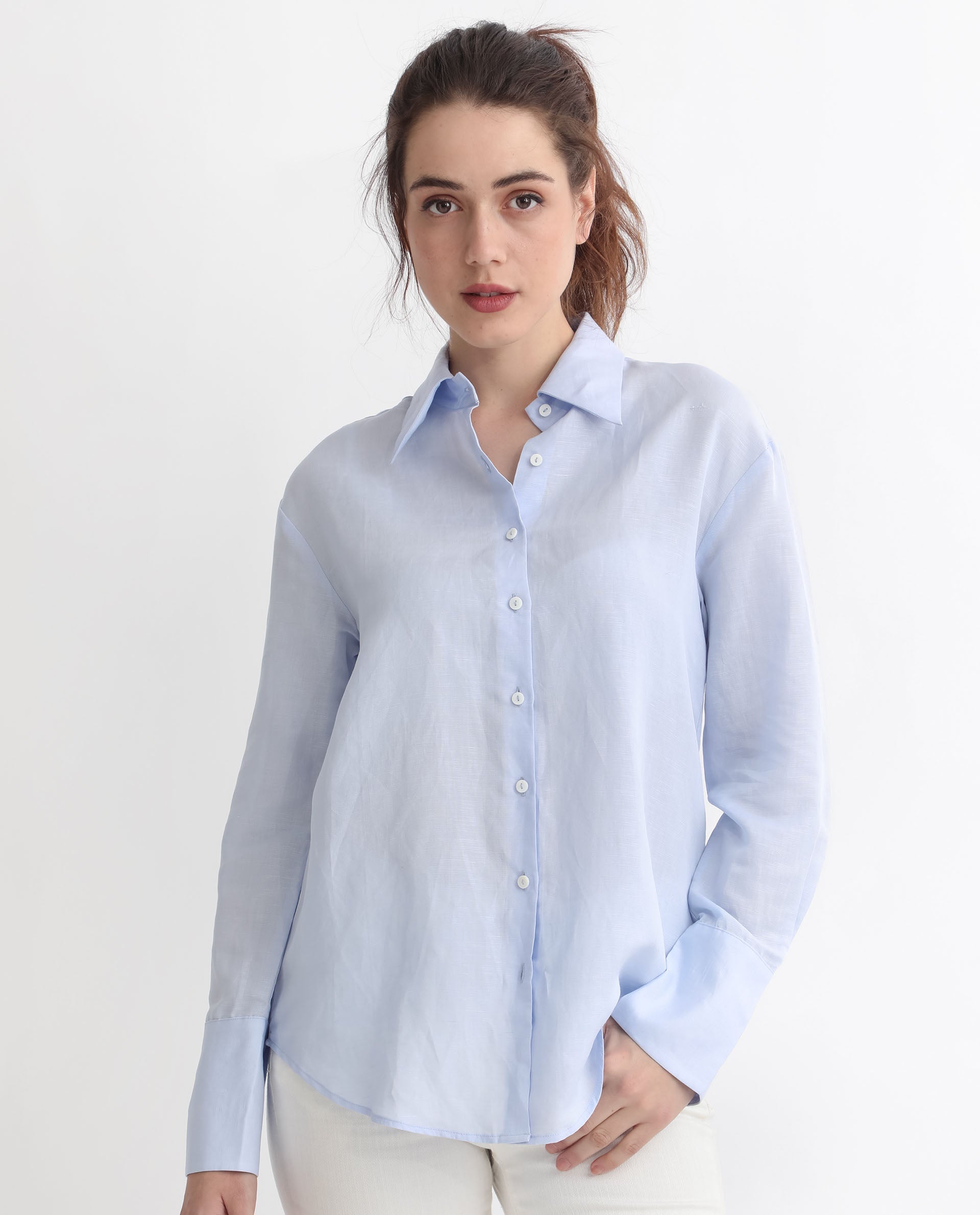 Rareism Women Harper Pastel Blue Modal Fabric Regular Sleeve Shirt Collar Solid Shirt