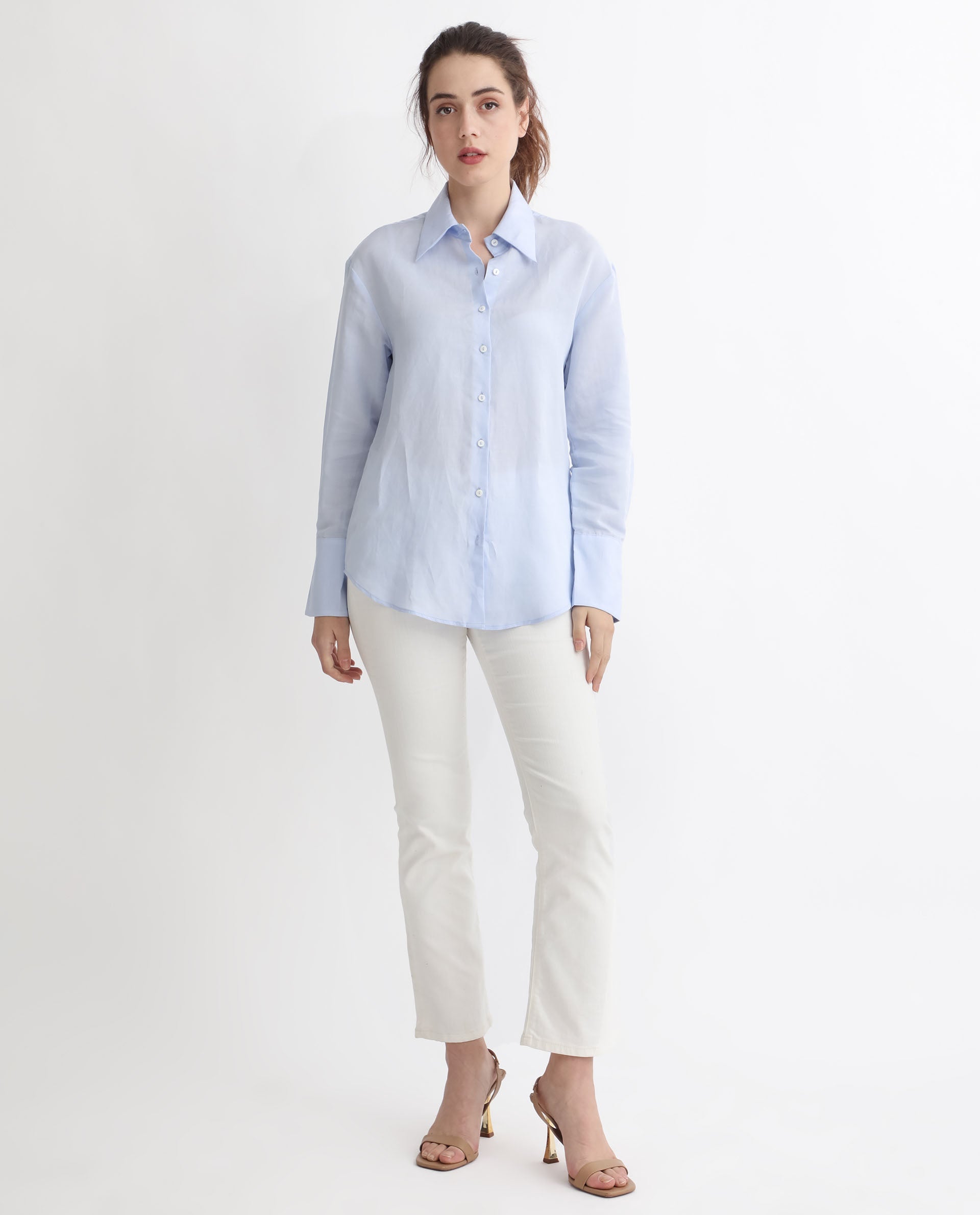 Rareism Women Harper Pastel Blue Modal Fabric Regular Sleeve Shirt Collar Solid Shirt