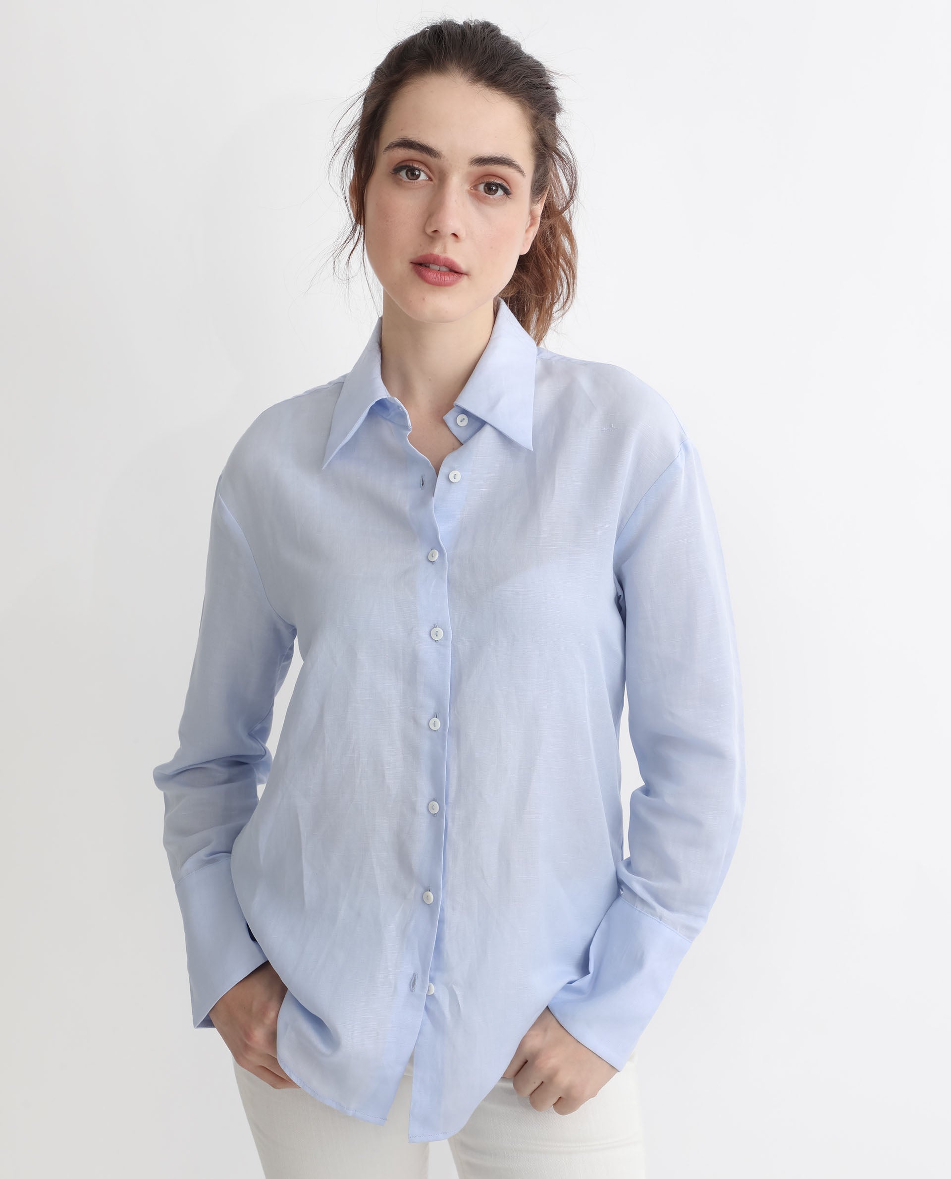 Rareism Women Harper Pastel Blue Modal Fabric Regular Sleeve Shirt Collar Solid Shirt