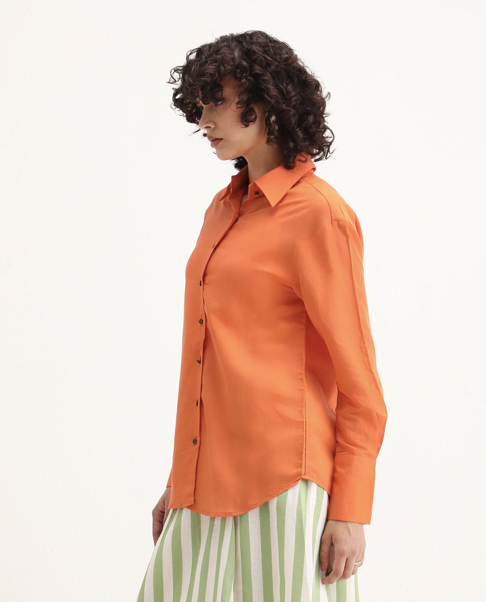 Rareism Women's Harper Orange Linen Spread Collar Plain Regular Fit Top
