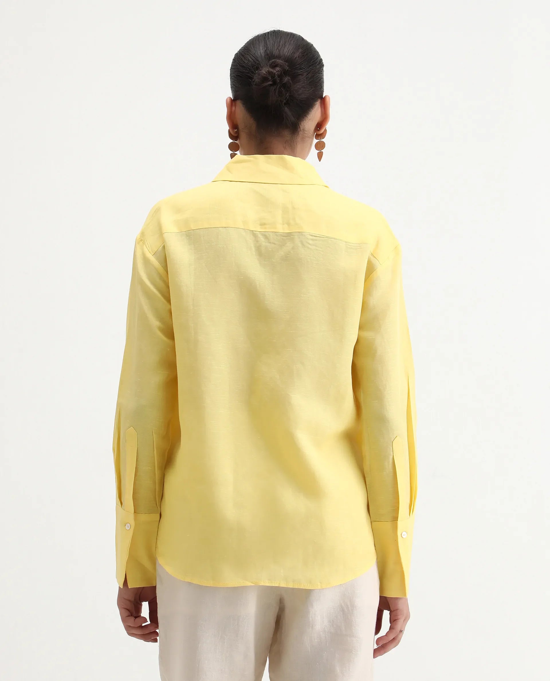 Rareism Women's Harper Yellow Linen Spread Collar Plain Regular Fit Shirt