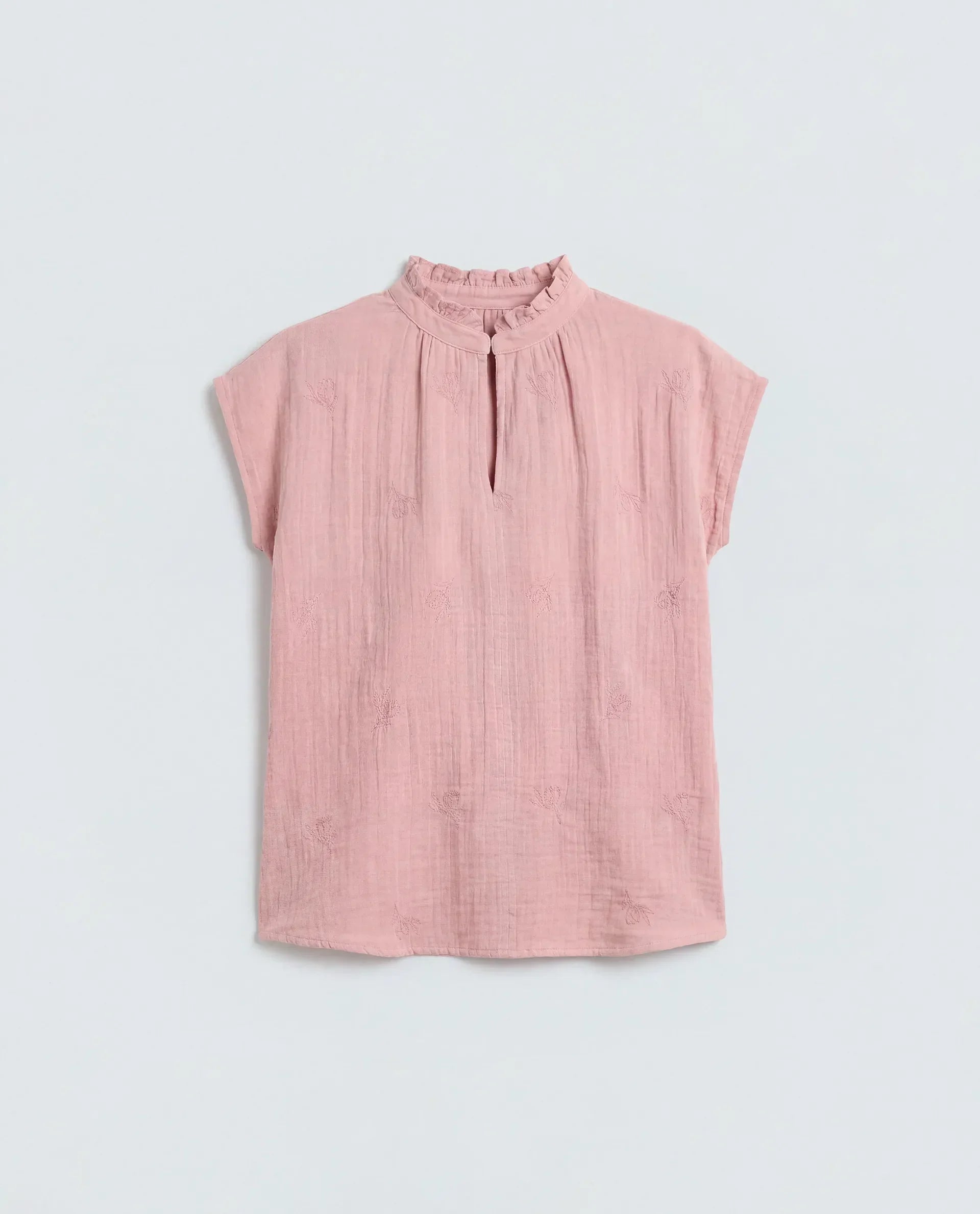 Rareism Women's Rudub Dusky Pink Cotton Ruffled Neck Regular Plain Top