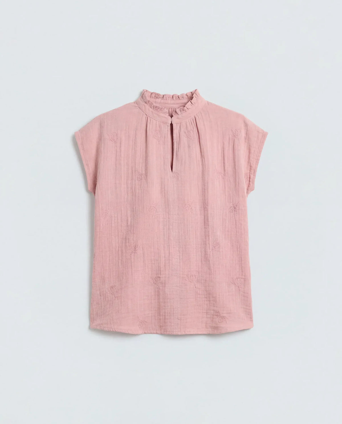 Rareism Women's Rudub Dusky Pink Cotton Ruffled Neck Regular Plain Top