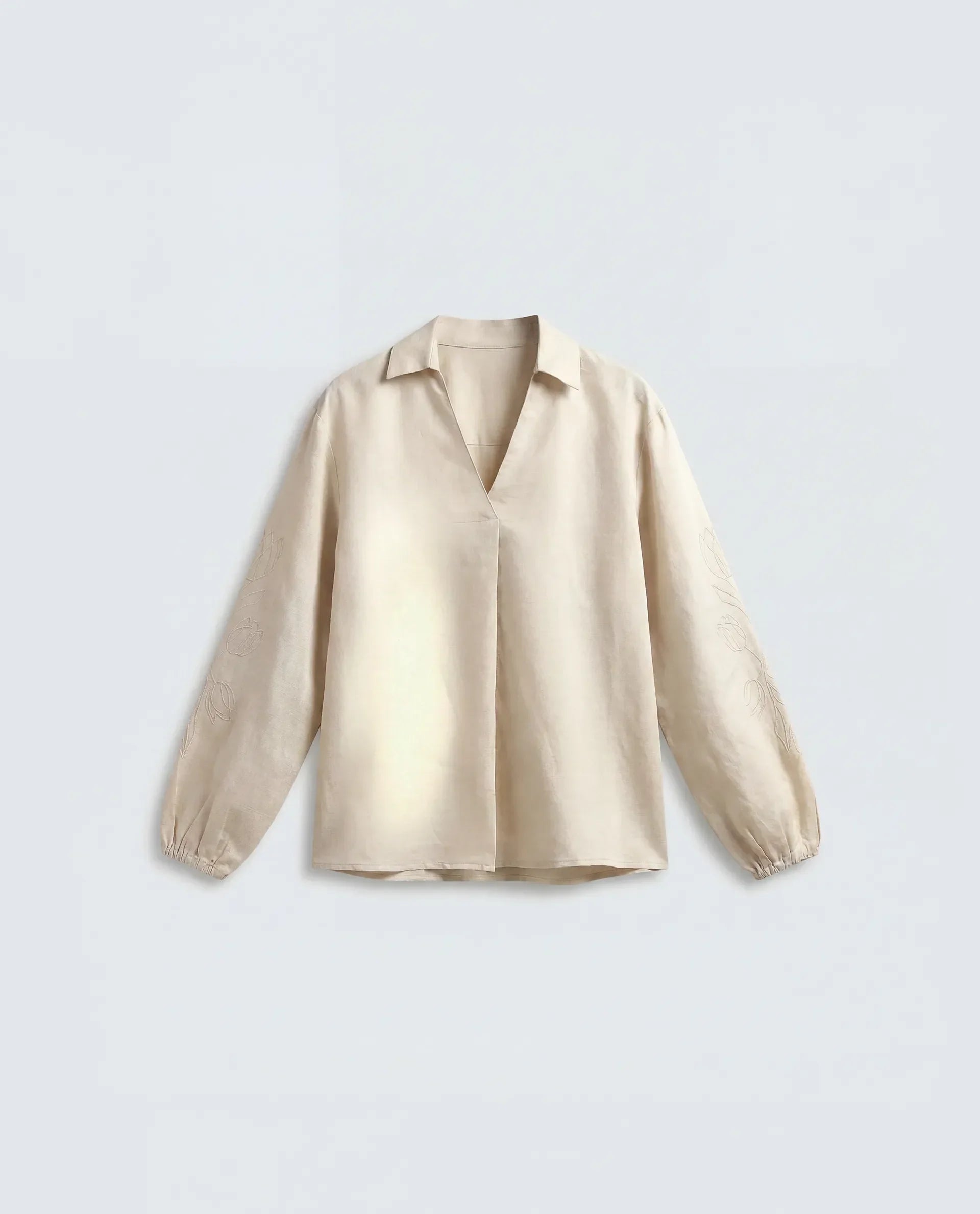 Rareism Women's Ruemb Beige Linen Blend Johnny Collar Relaxed Plain Top