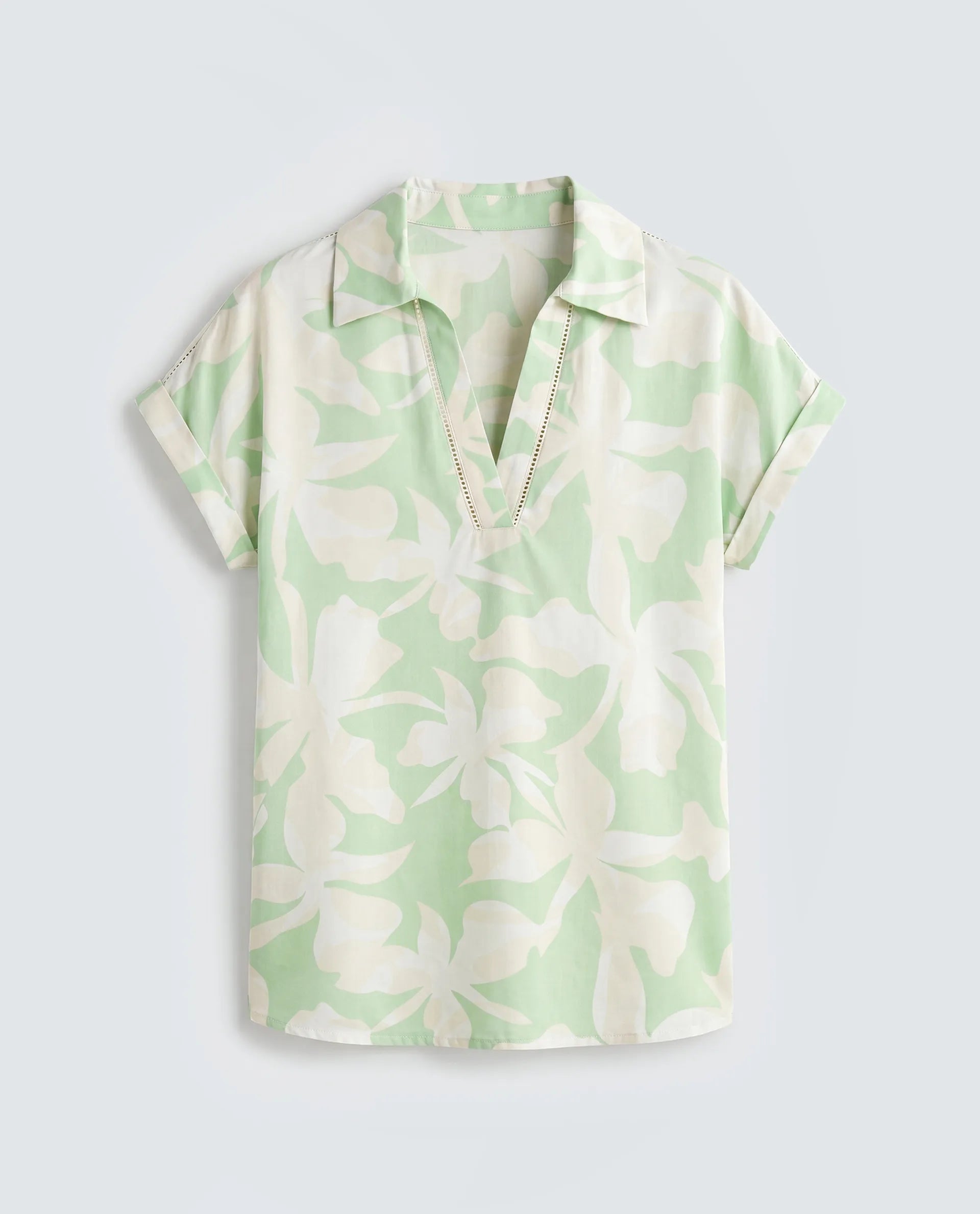 Rareism Women's Vasin-T Light Green Viscose Johnny Collar Boxy Abstract Print Top