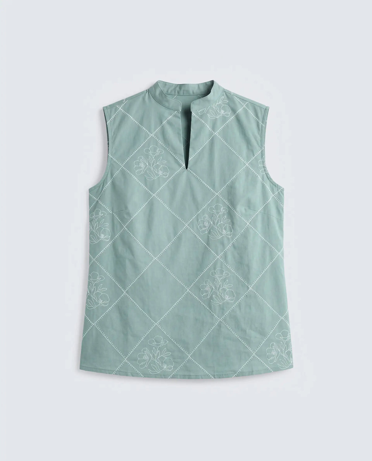 Rareism Women's Hax Dusky Green Cotton Sleeveless Band Collar Pull-On Regular Plain Top