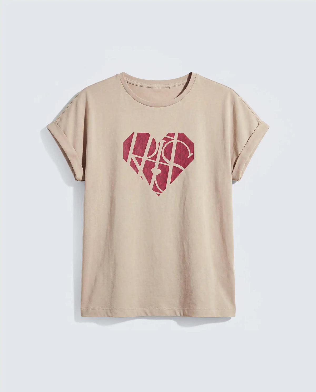 Rareism Women's Zibbit Beige Cotton Crew Neck Pull-On Relaxed Monogram Print T-Shirt