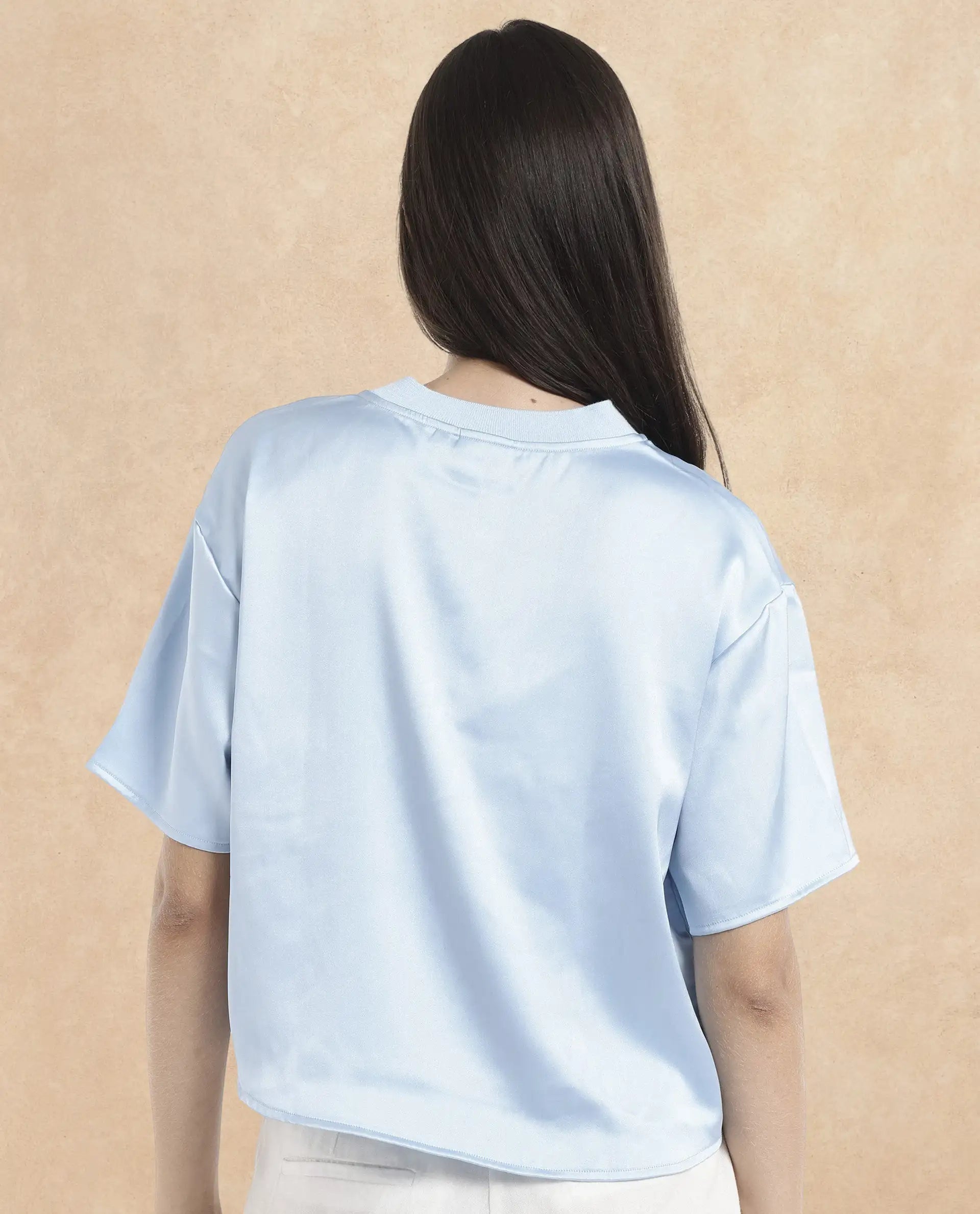 Rareism Women's Haruno Light Blue Polyester Ribbed Collar Plain Boxy Fit Top