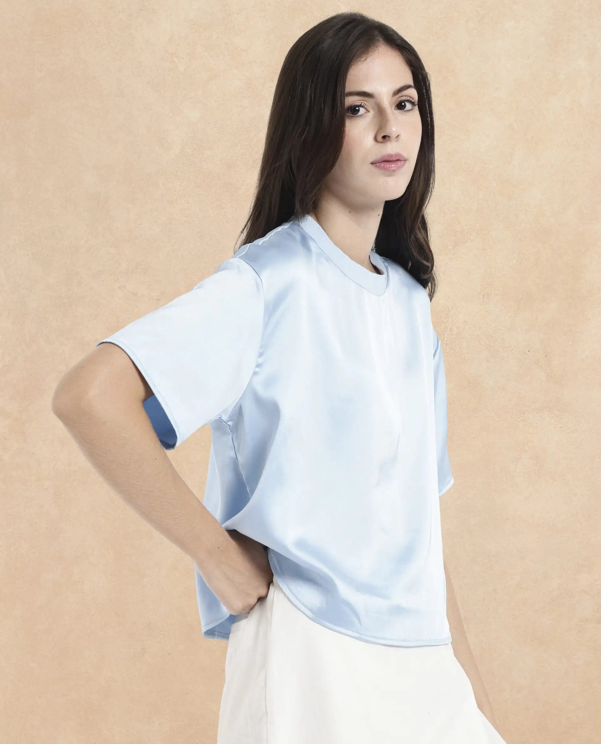 Rareism Women's Haruno Light Blue Polyester Ribbed Collar Plain Boxy Fit Top
