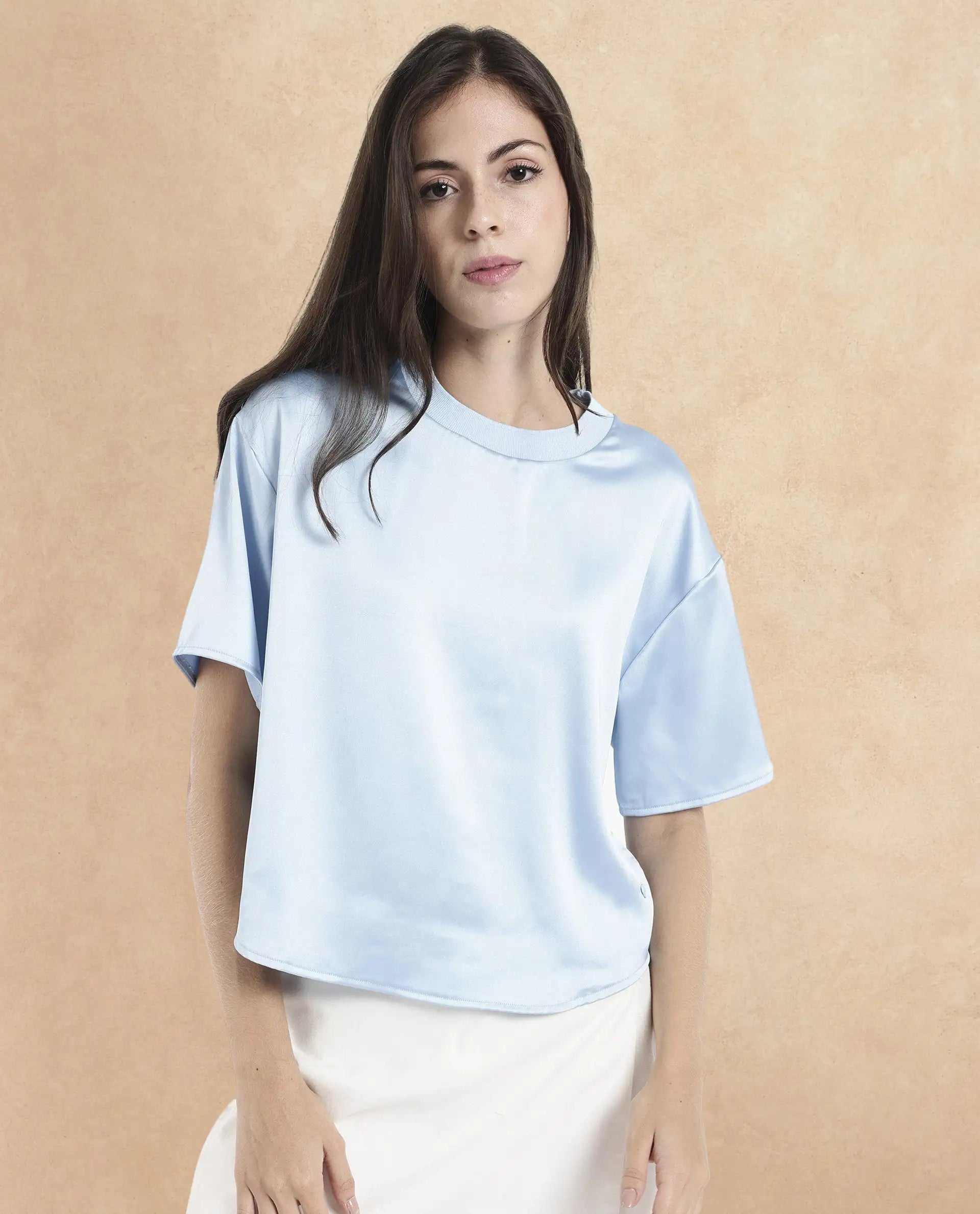 Rareism Women's Haruno Light Blue Polyester Ribbed Collar Plain Boxy Fit Top