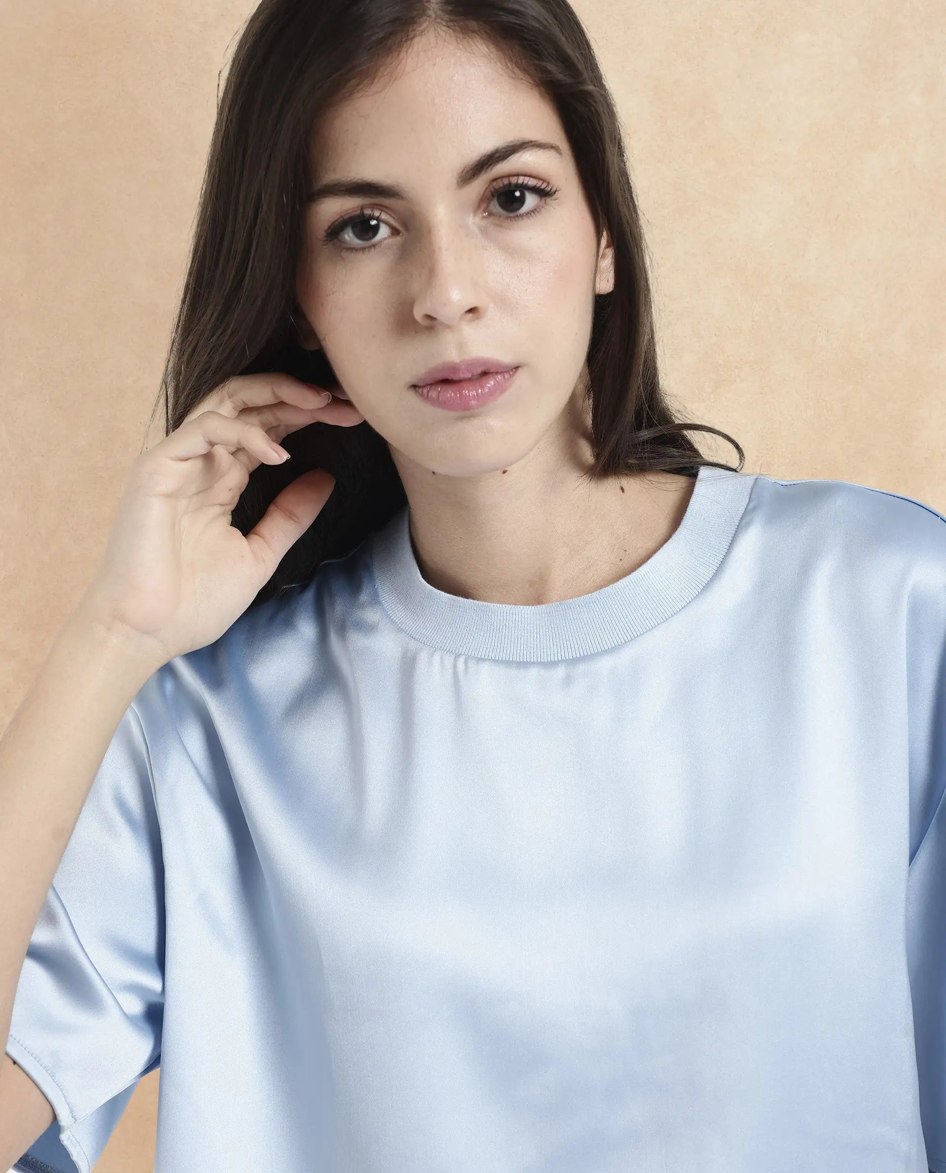 Rareism Women's Haruno Light Blue Polyester Ribbed Collar Plain Boxy Fit Top