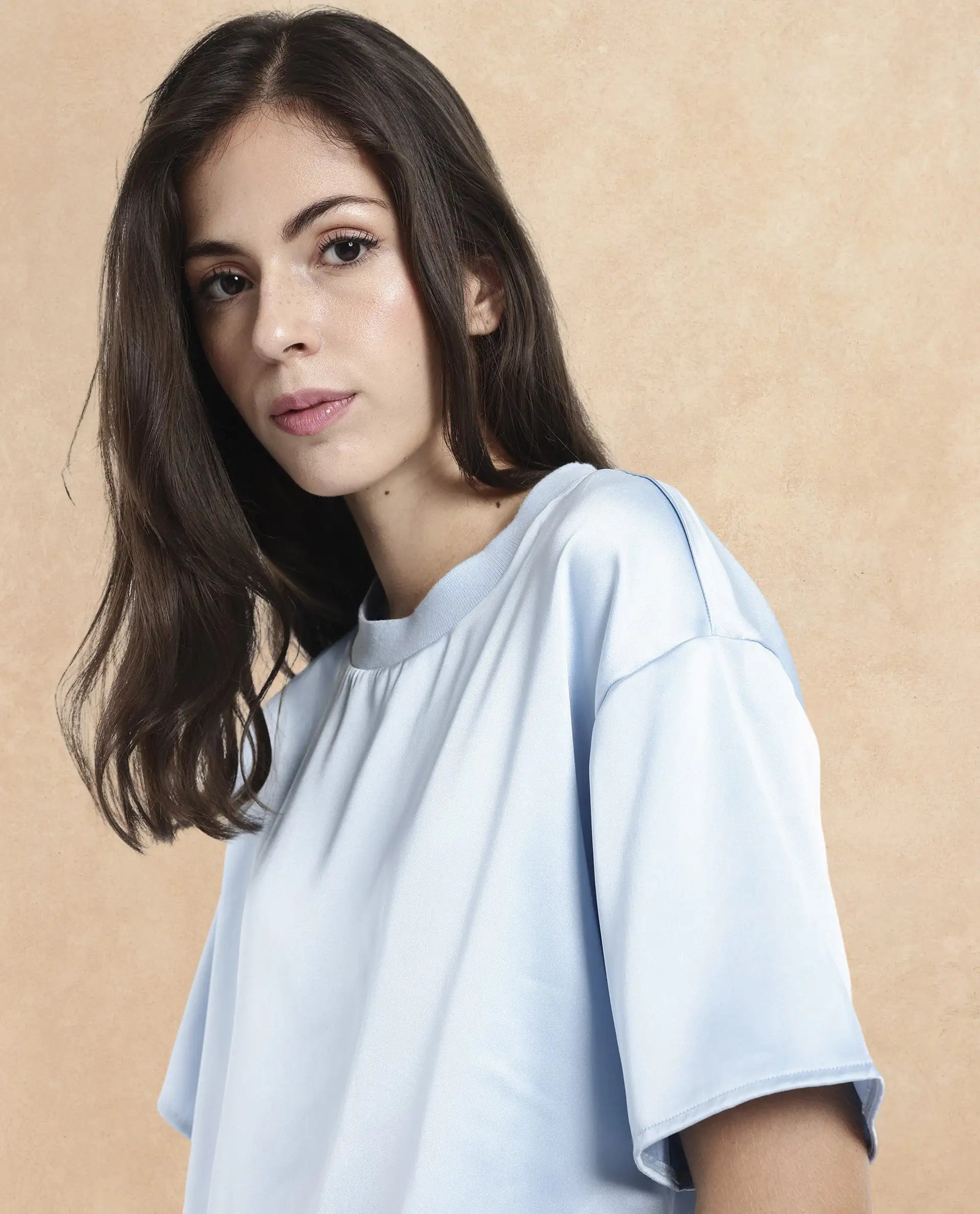 Rareism Women's Haruno Light Blue Polyester Ribbed Collar Plain Boxy Fit Top