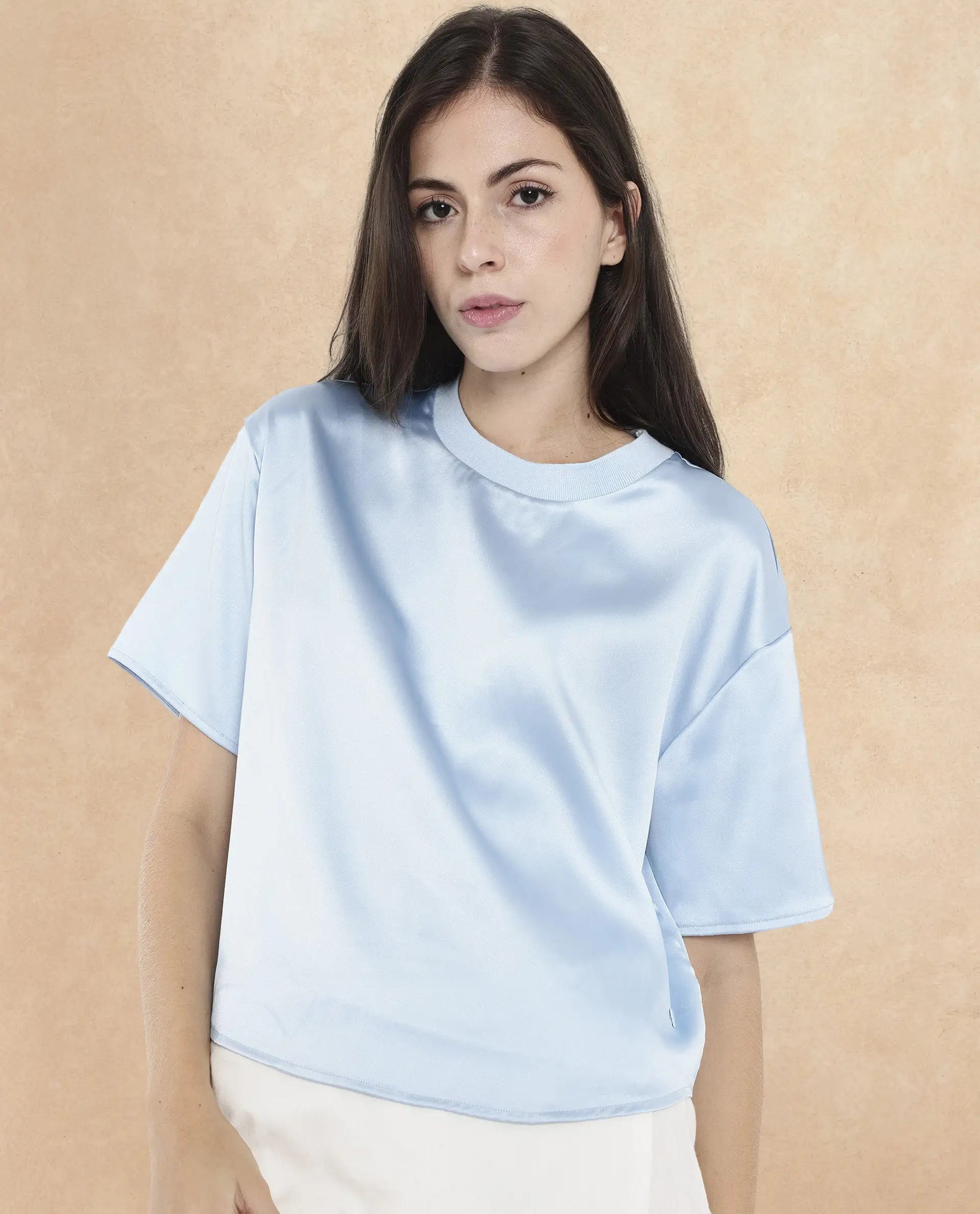 Rareism Women Haruno Light Blue Short Sleeve Ribbed Collar Boxy Fit Plain Top