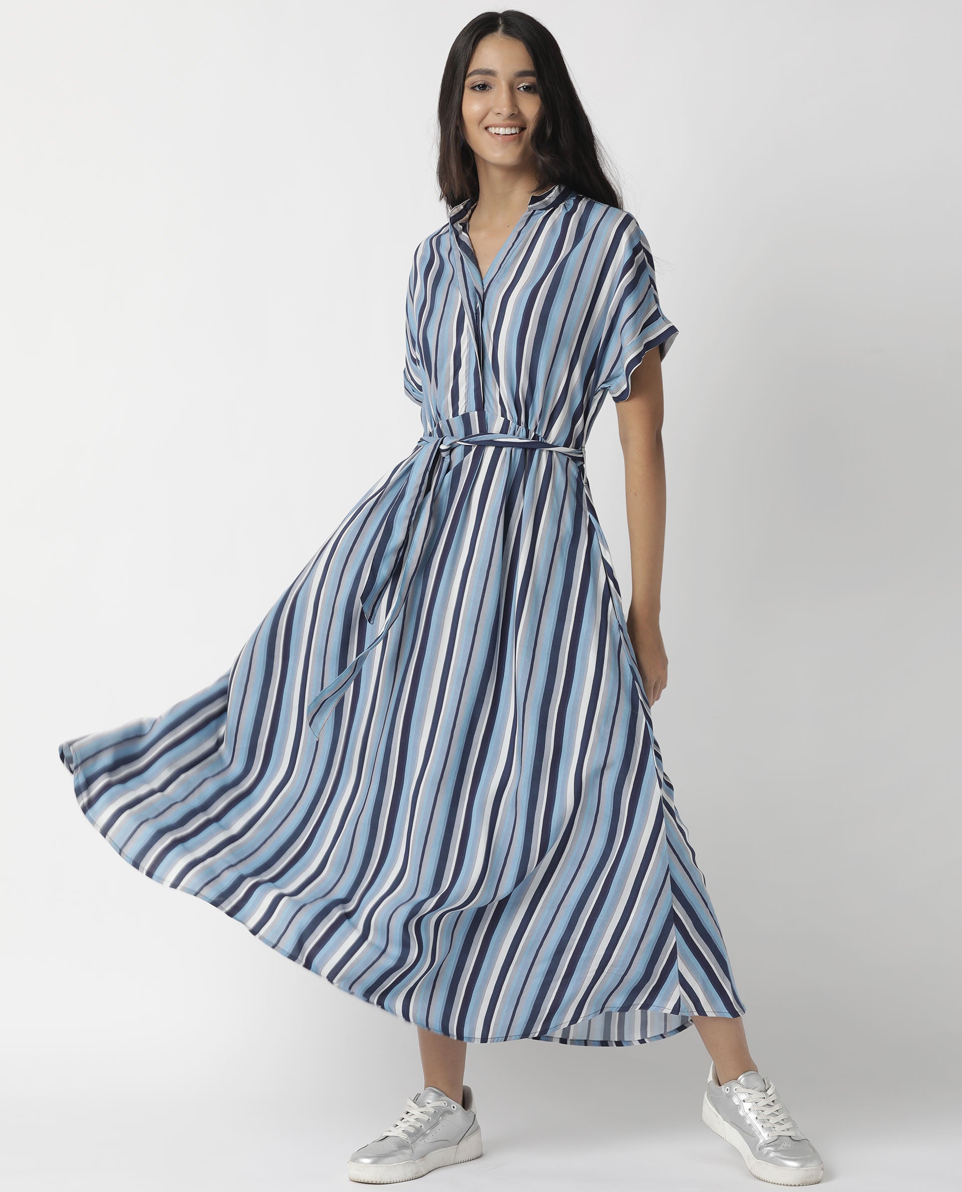Rareism Womens Hash Blue Dress Viscose Fabric Relaxed Fit Regular Sleeves Mandarin Neck