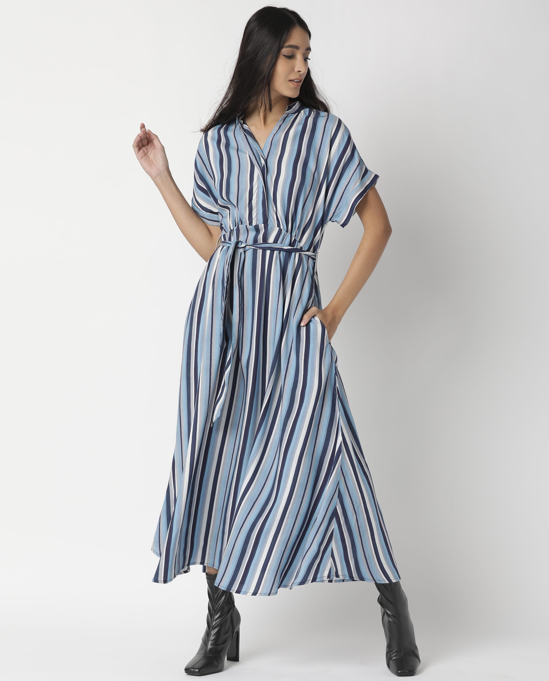 Rareism Womens Hash Blue Dress Viscose Fabric Relaxed Fit Regular Sleeves Mandarin Neck
