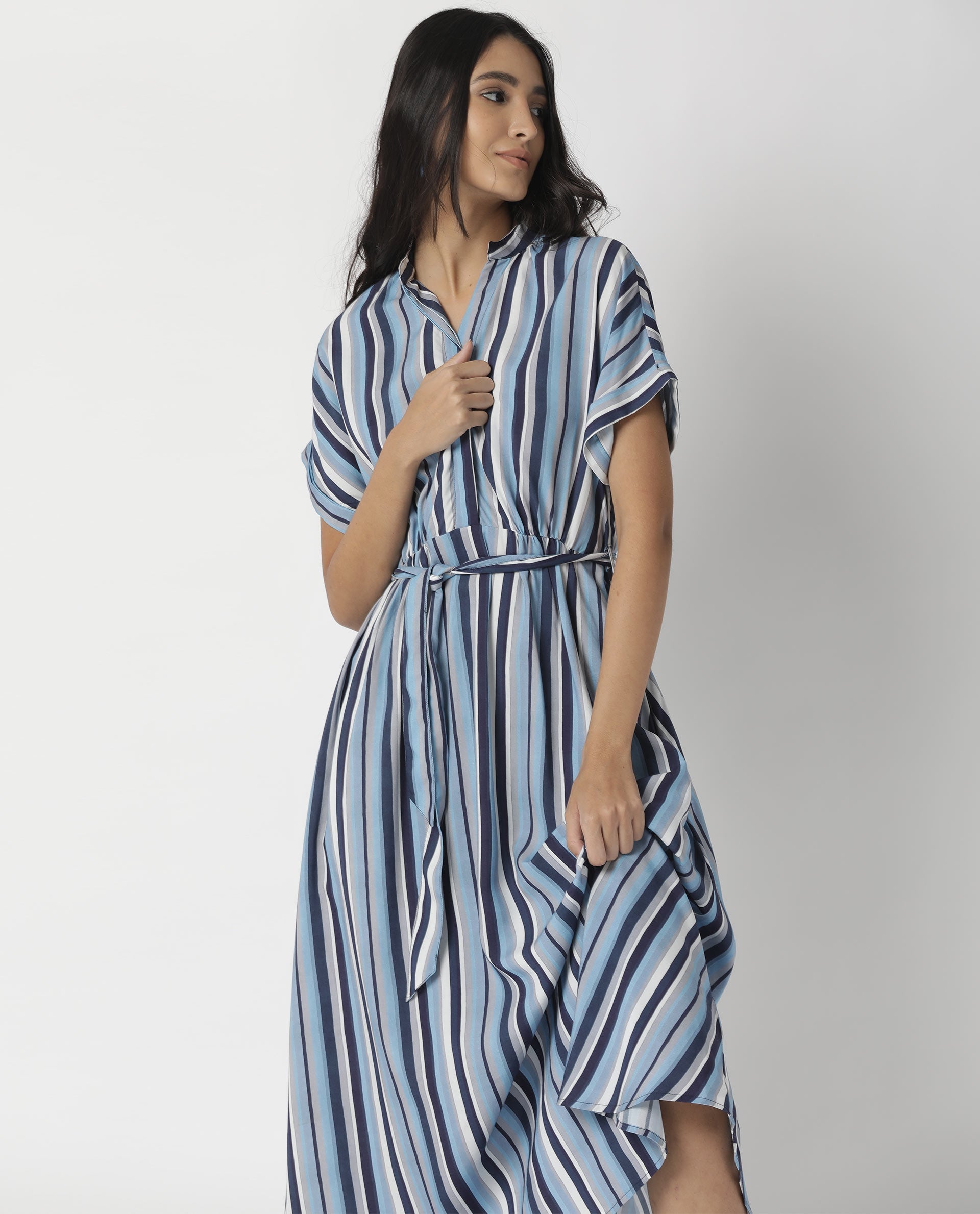 Rareism Womens Hash Blue Dress Viscose Fabric Relaxed Fit Regular Sleeves Mandarin Neck