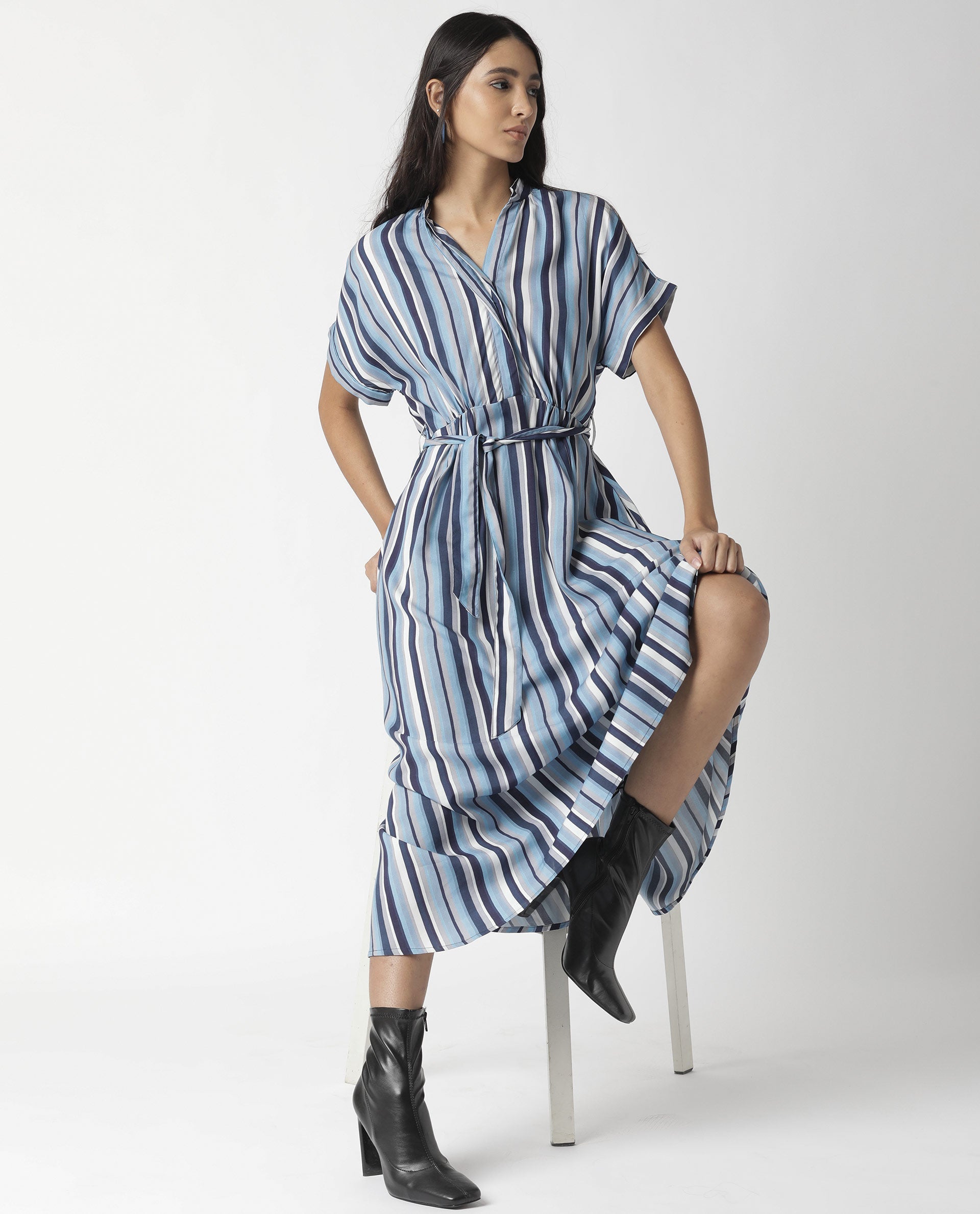 Rareism Womens Hash Blue Dress Viscose Fabric Relaxed Fit Regular Sleeves Mandarin Neck