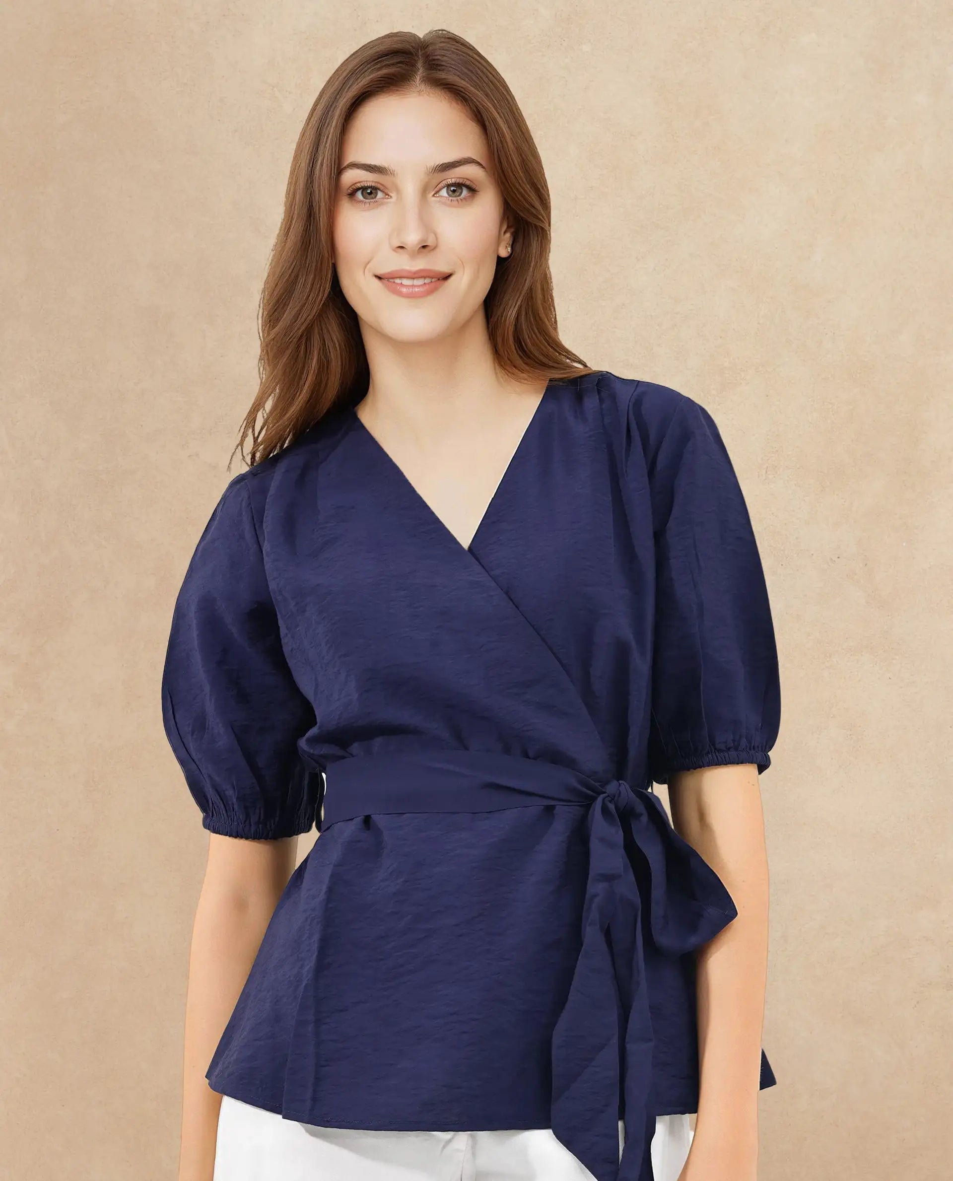 Rareism Women's Hatten Navy Rayon Overlap Neck Plain Puff Sleeves Regular Fit Top