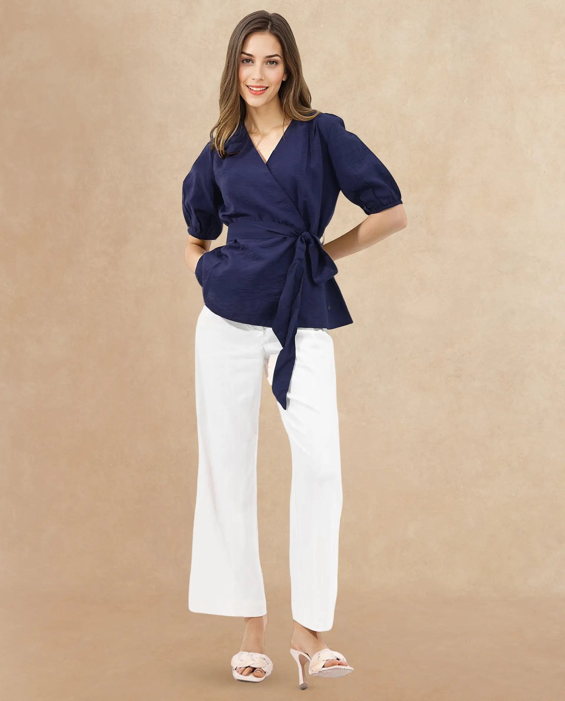 Rareism Women's Hatten Navy Rayon Overlap Neck Plain Puff Sleeves Regular Fit Top
