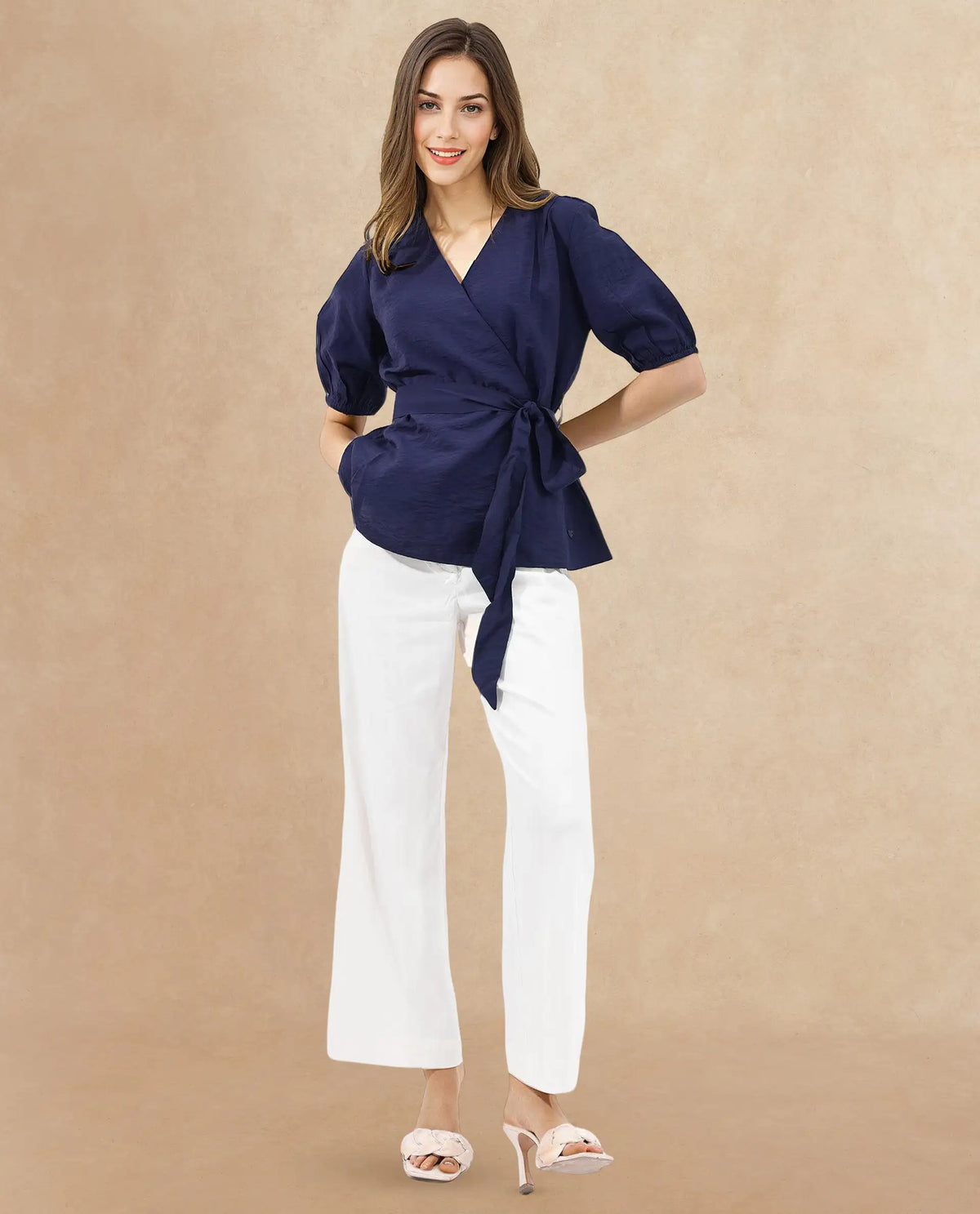Rareism Women Hatten Navy Rayon Nylon Fabric Regular Sleeves V-Neck Solid Regular Length Top