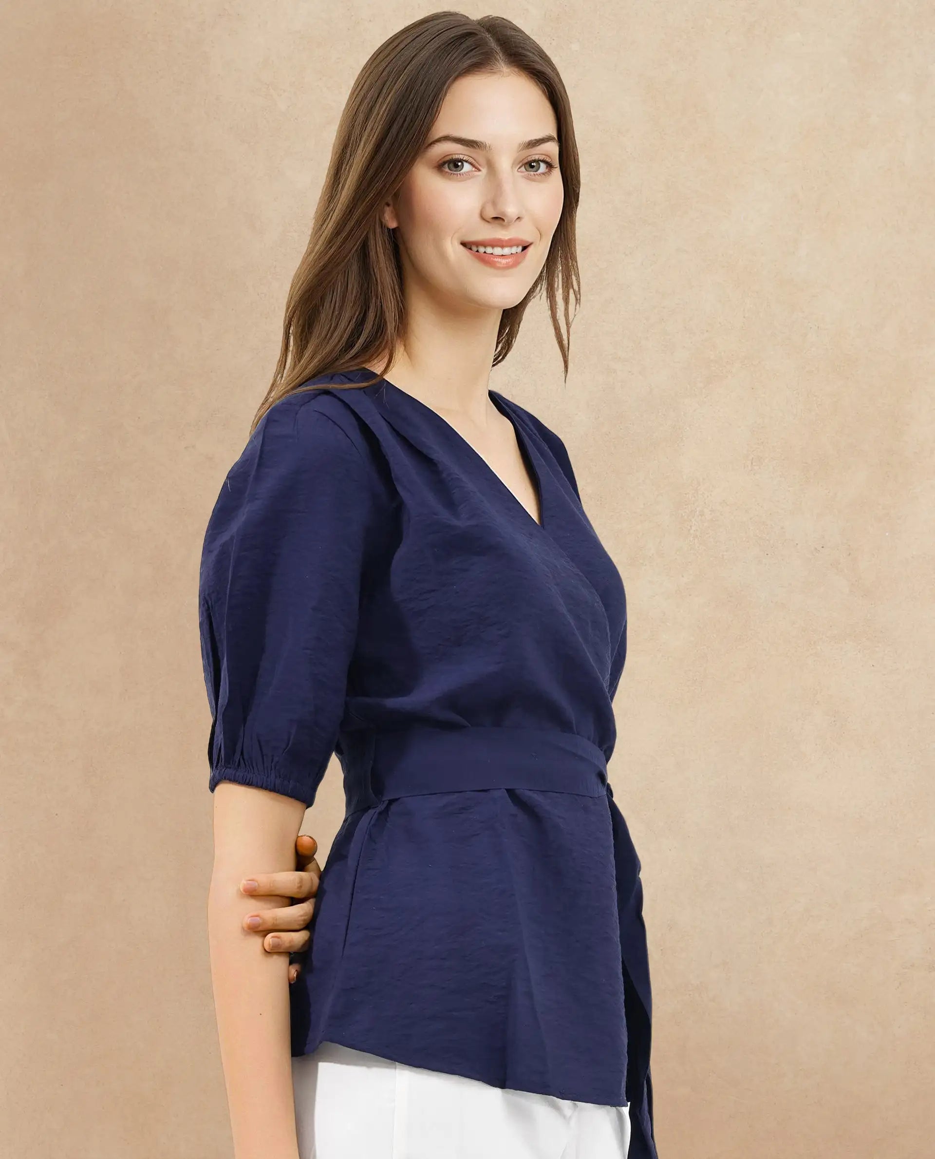 Rareism Women's Hatten Navy Rayon Overlap Neck Plain Puff Sleeves Regular Fit Top