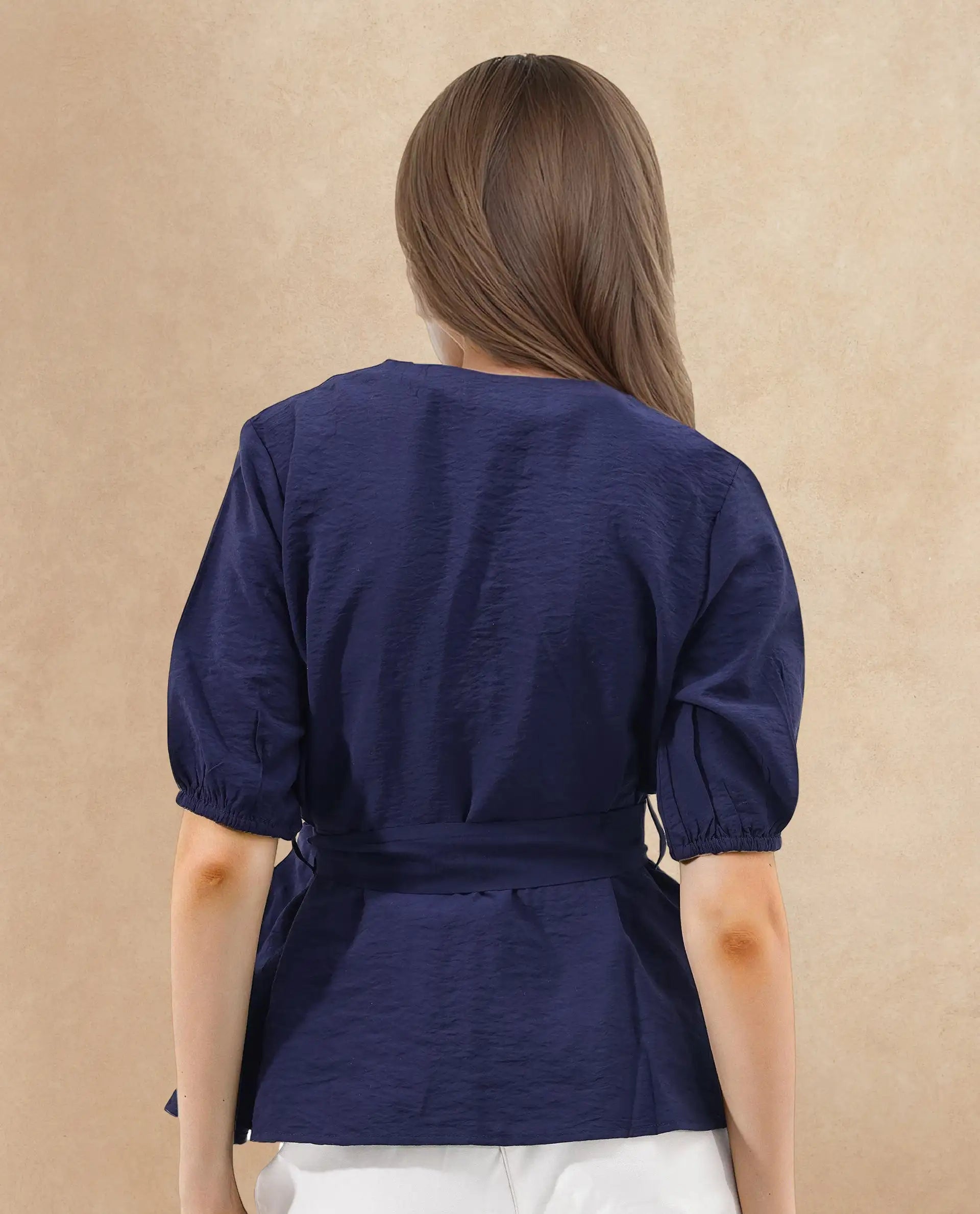 Rareism Women's Hatten Navy Rayon Overlap Neck Plain Puff Sleeves Regular Fit Top