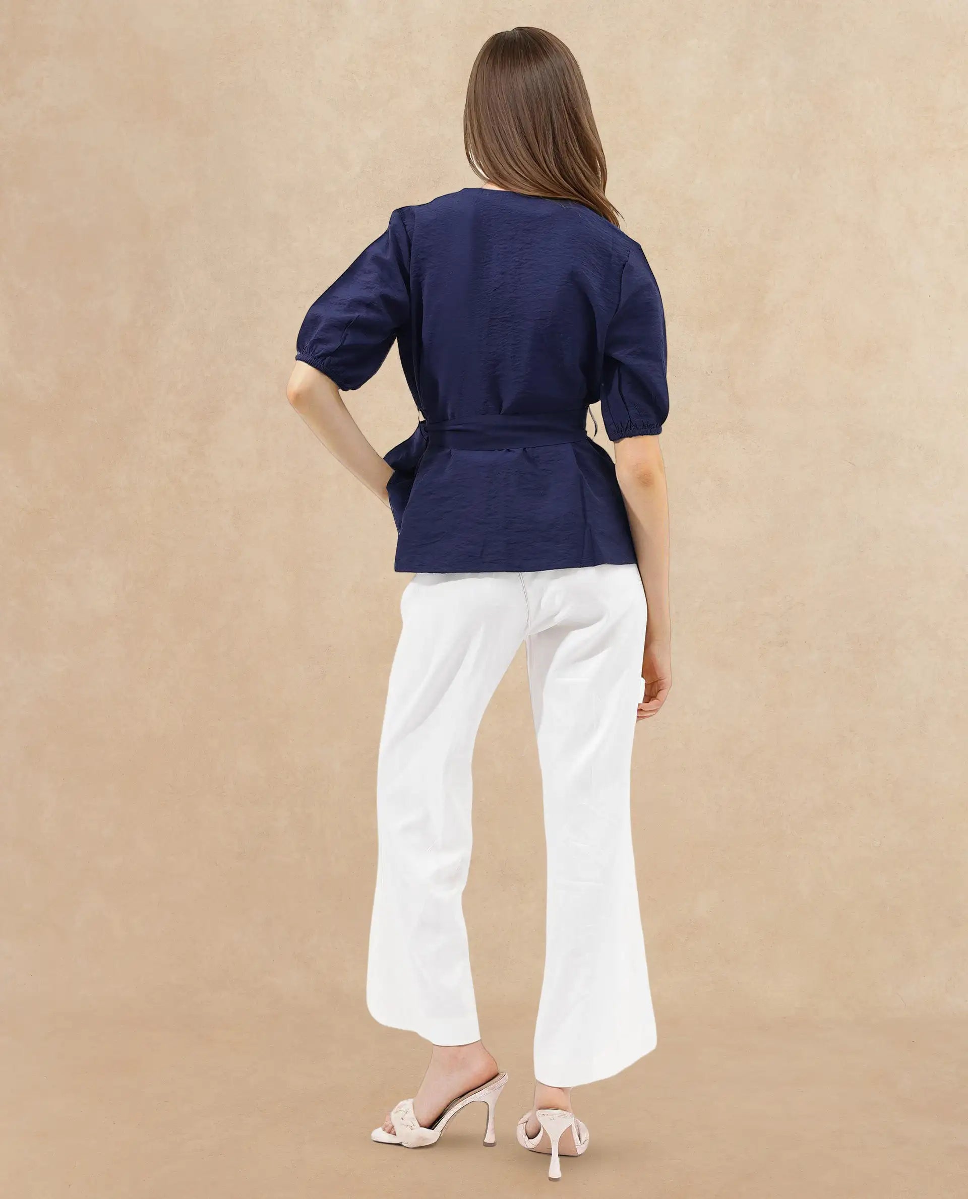 Rareism Women's Hatten Navy Rayon Overlap Neck Plain Puff Sleeves Regular Fit Top
