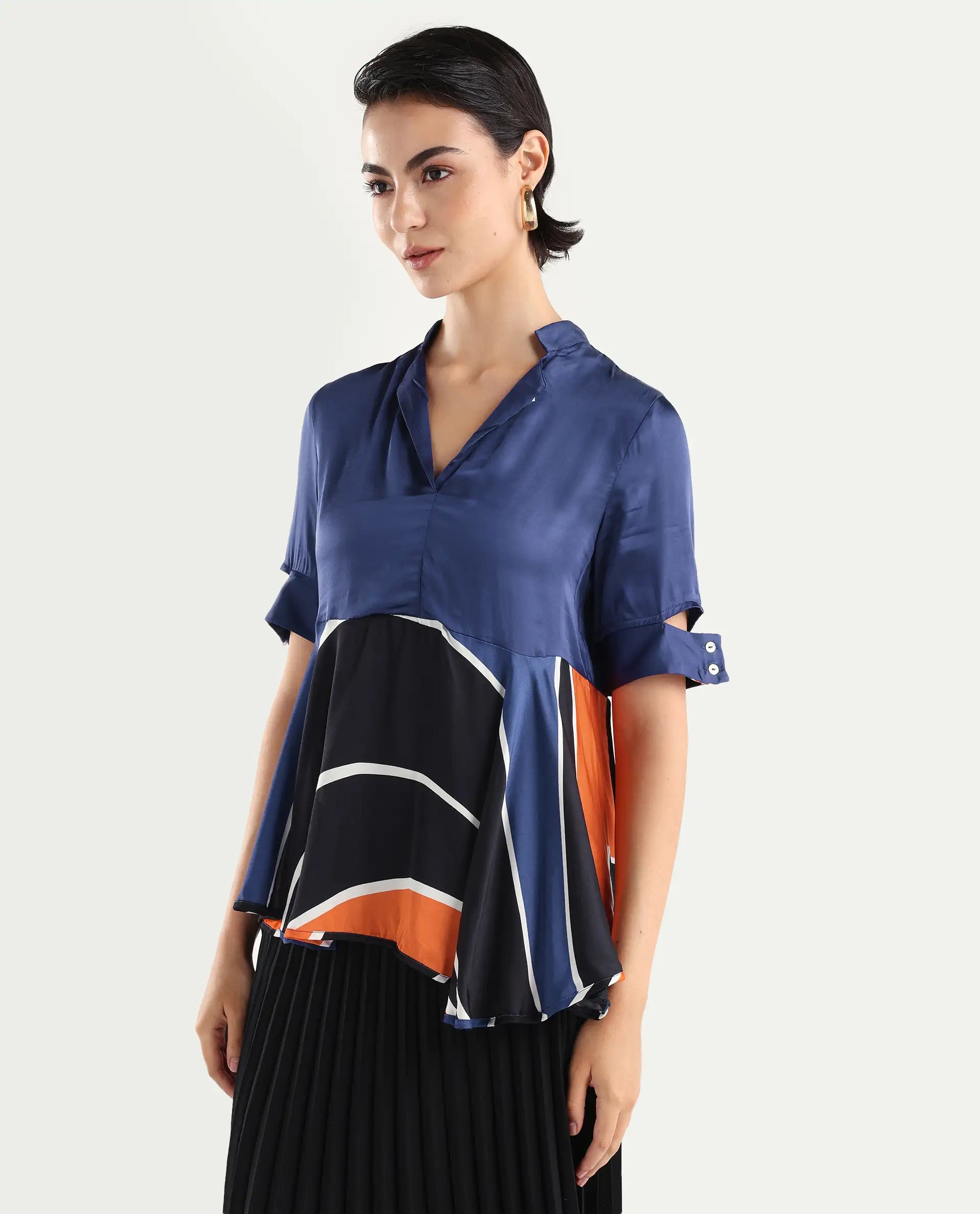 Rareism Women's Havana Orange Modal Overlap Neck Abstract Print Relaxed Fit Top