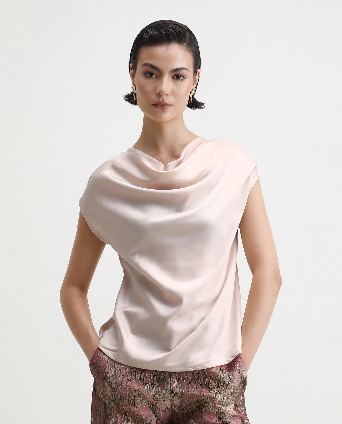 Rareism Women's Hawter Beige Polyester Cowl Neck Plain Cap Sleeve Regular Fit Top