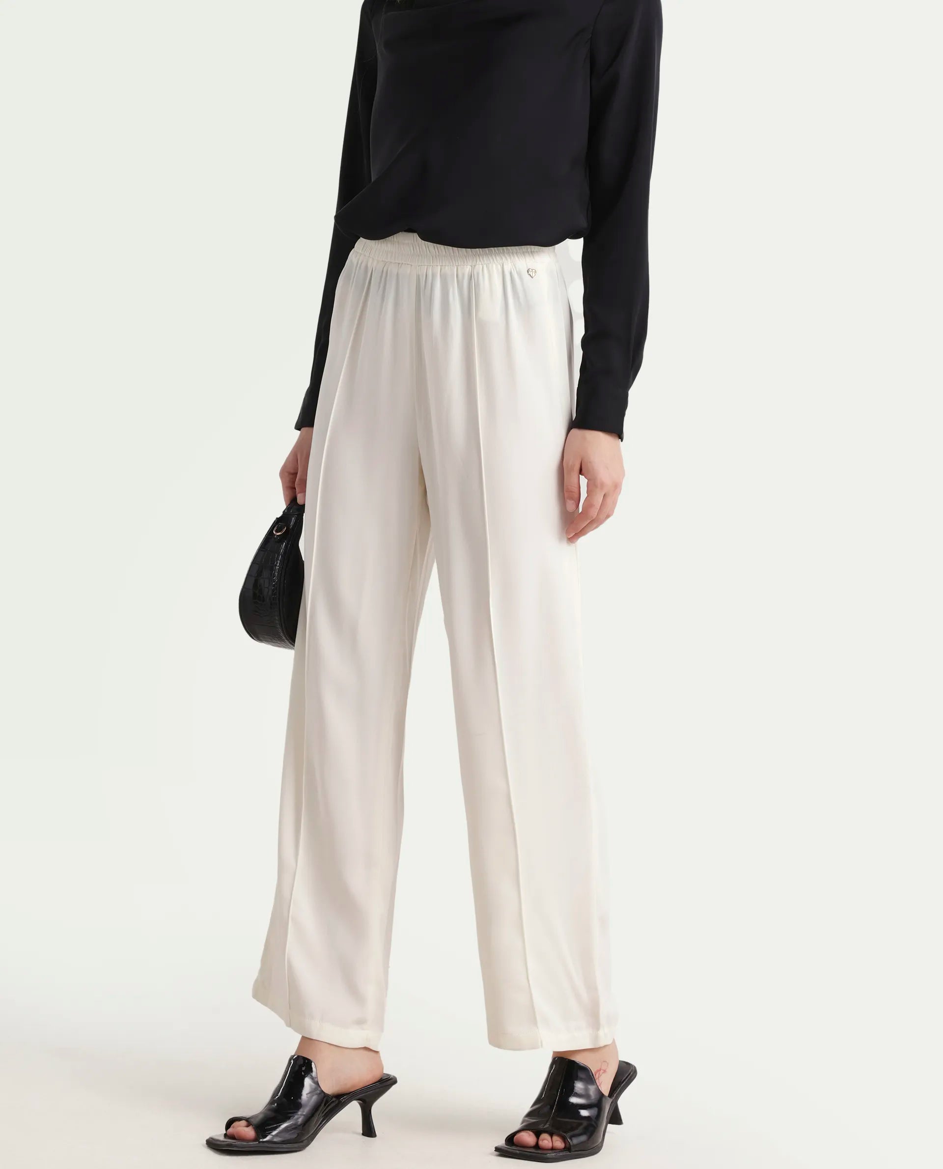 Rareism Women's Haz Light Off White Polyester Plain Ankle Length Wide Trouser