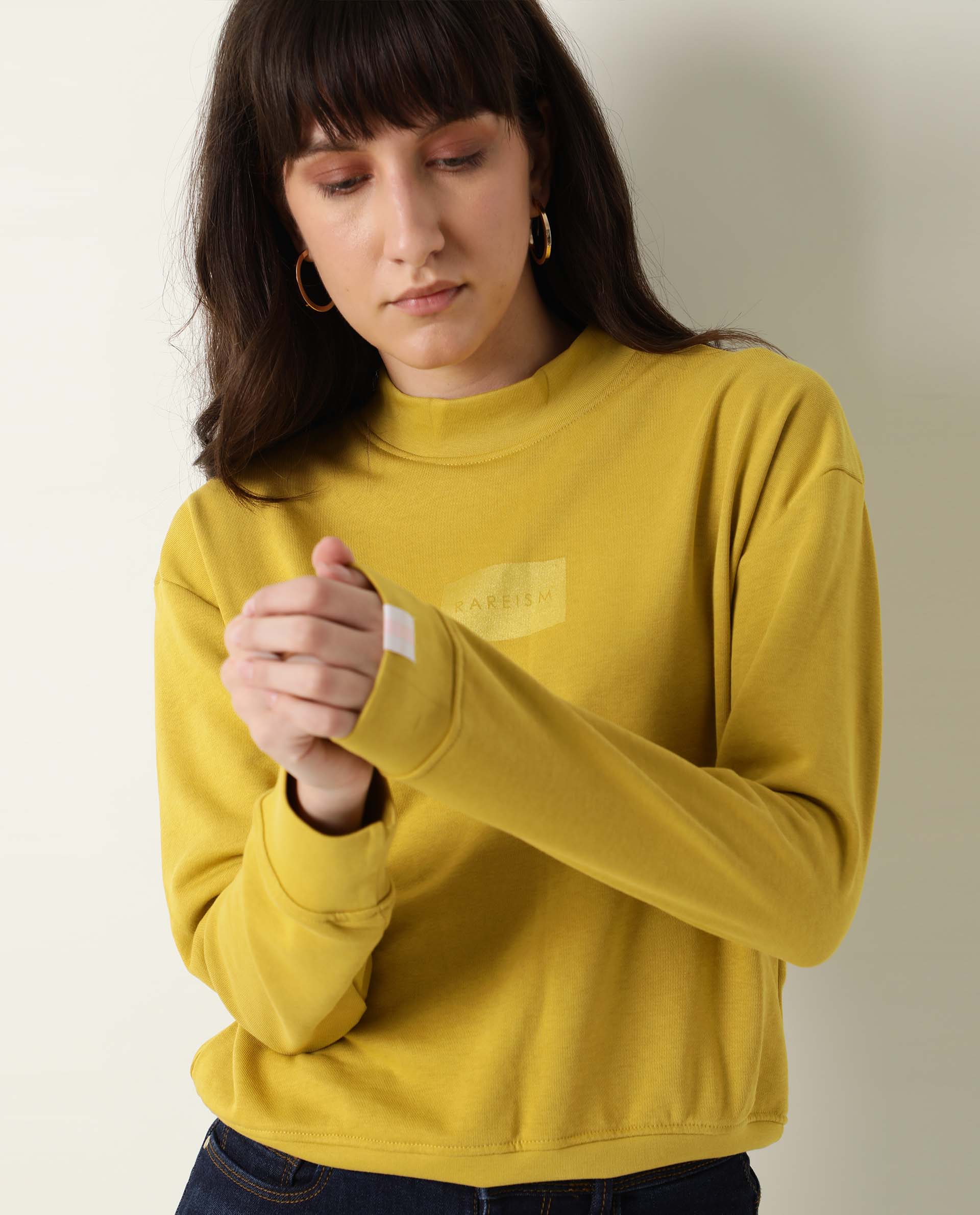 Rareism Women's Hectare Yellow Cotton Blend High Neck Plain Relaxed Fit Sweatshirt