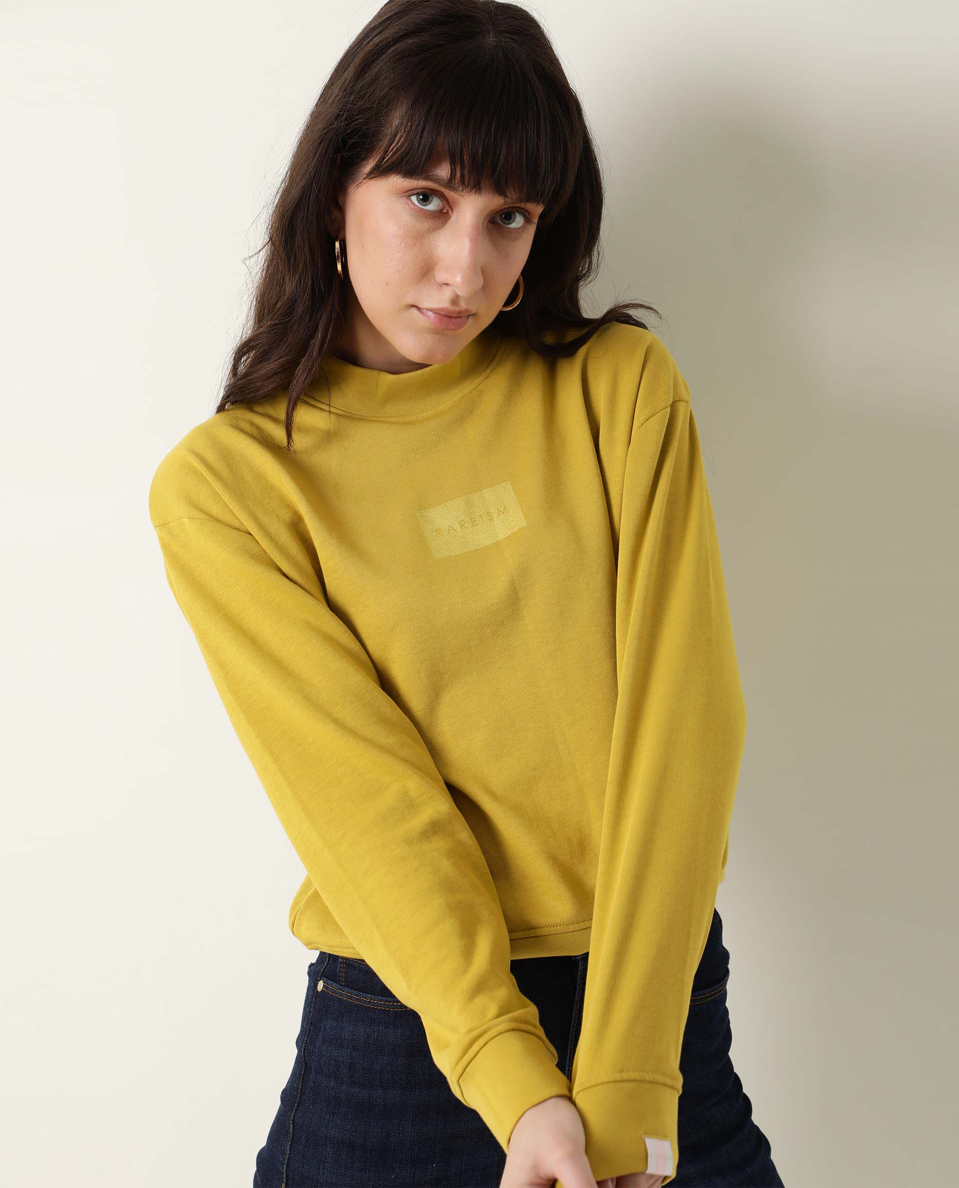 Rareism Women's Hectare Yellow Cotton Blend High Neck Plain Relaxed Fit Sweatshirt