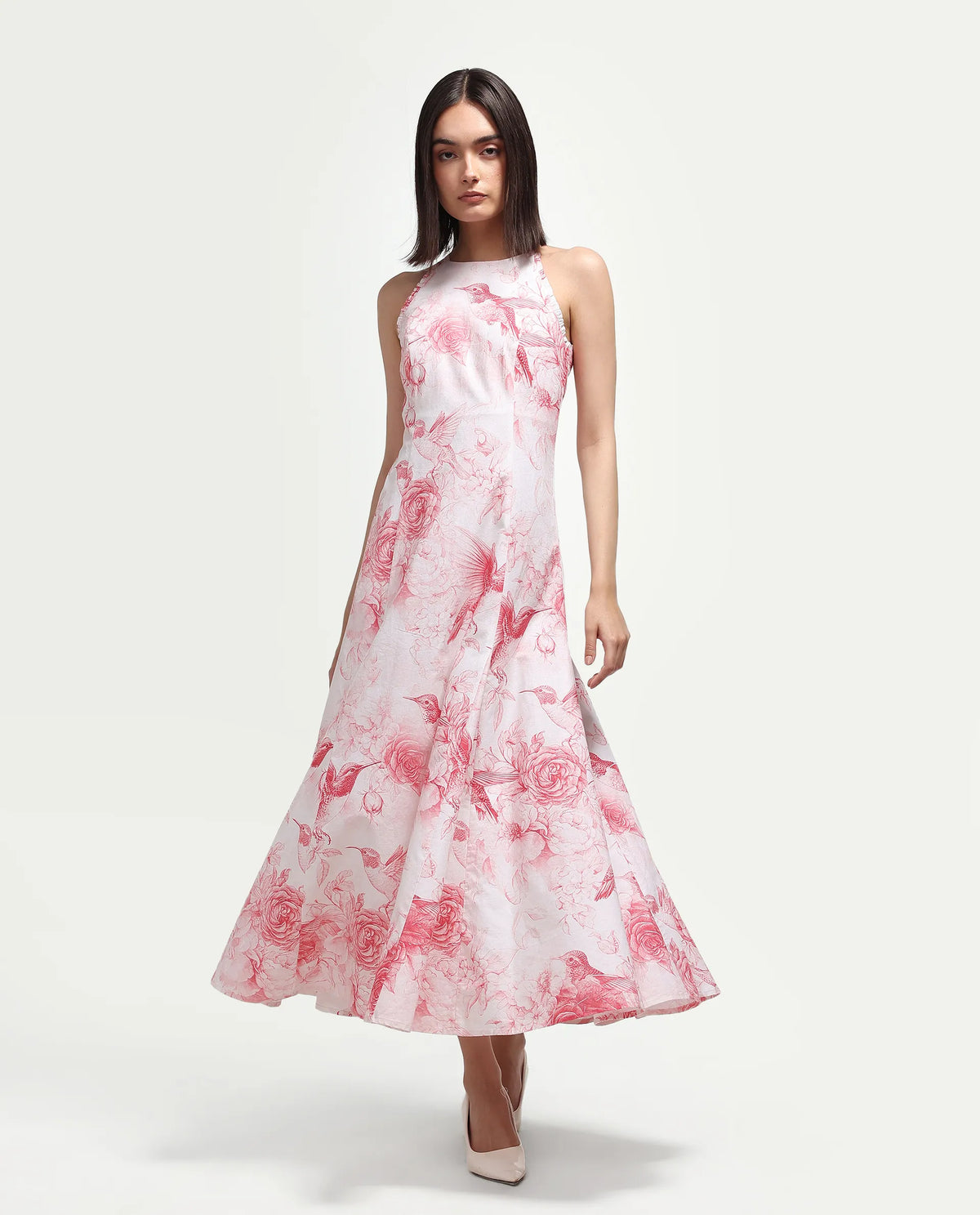 Rareism Women's Hedi Off White Cotton Halter Neck Fit And Flare Floral Print Dress