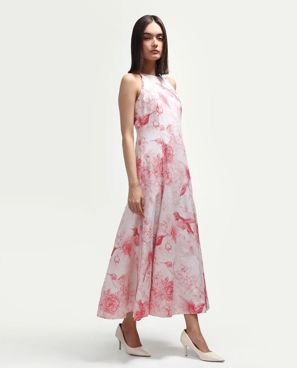Rareism Women's Hedi Off White Cotton Halter Neck Fit And Flare Floral Print Dress