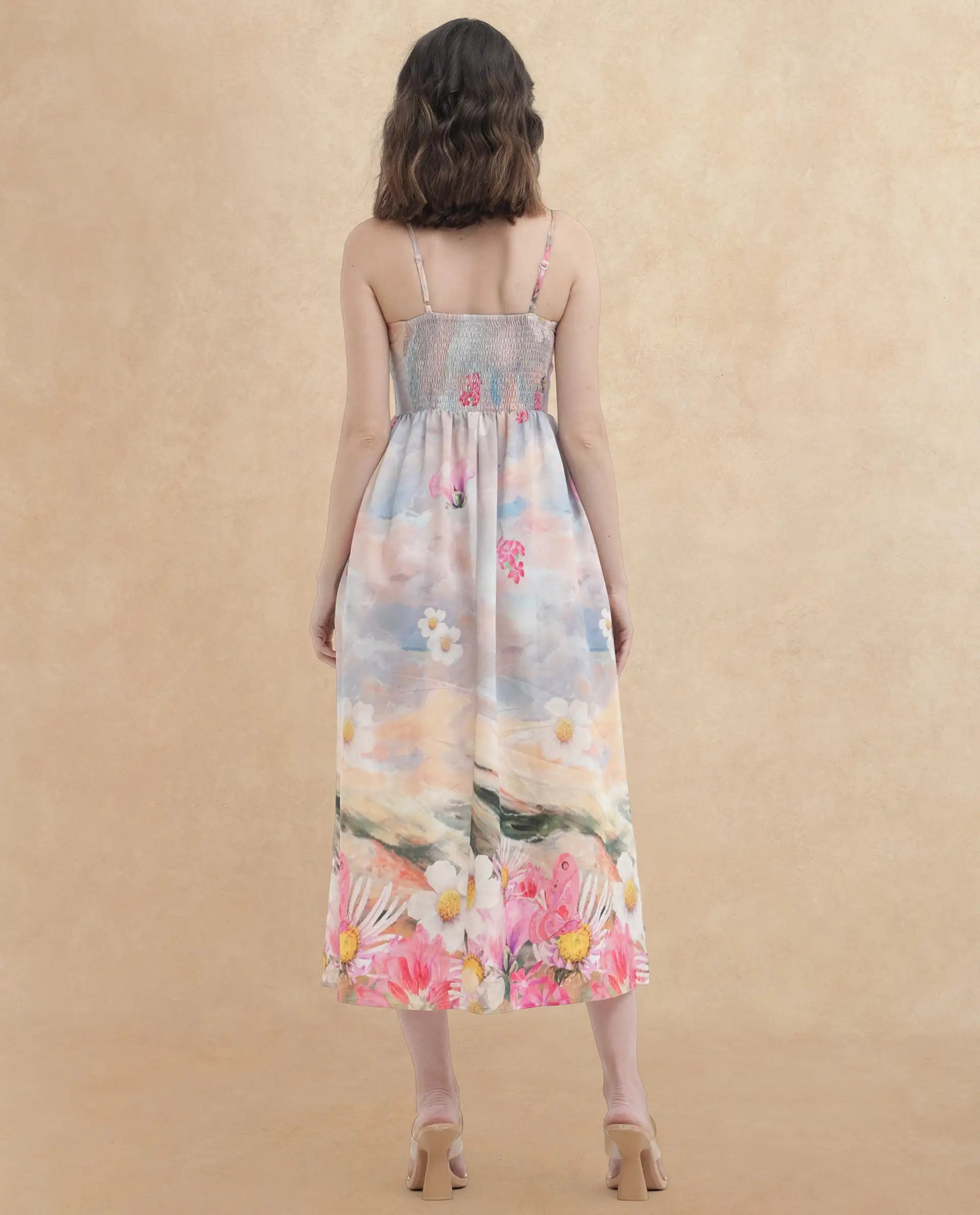 Rareism Women's Heidi Multi Viscose Blend Shoulder Strap Floral Print Shoulder Strap Midi Fit And Flare Dress