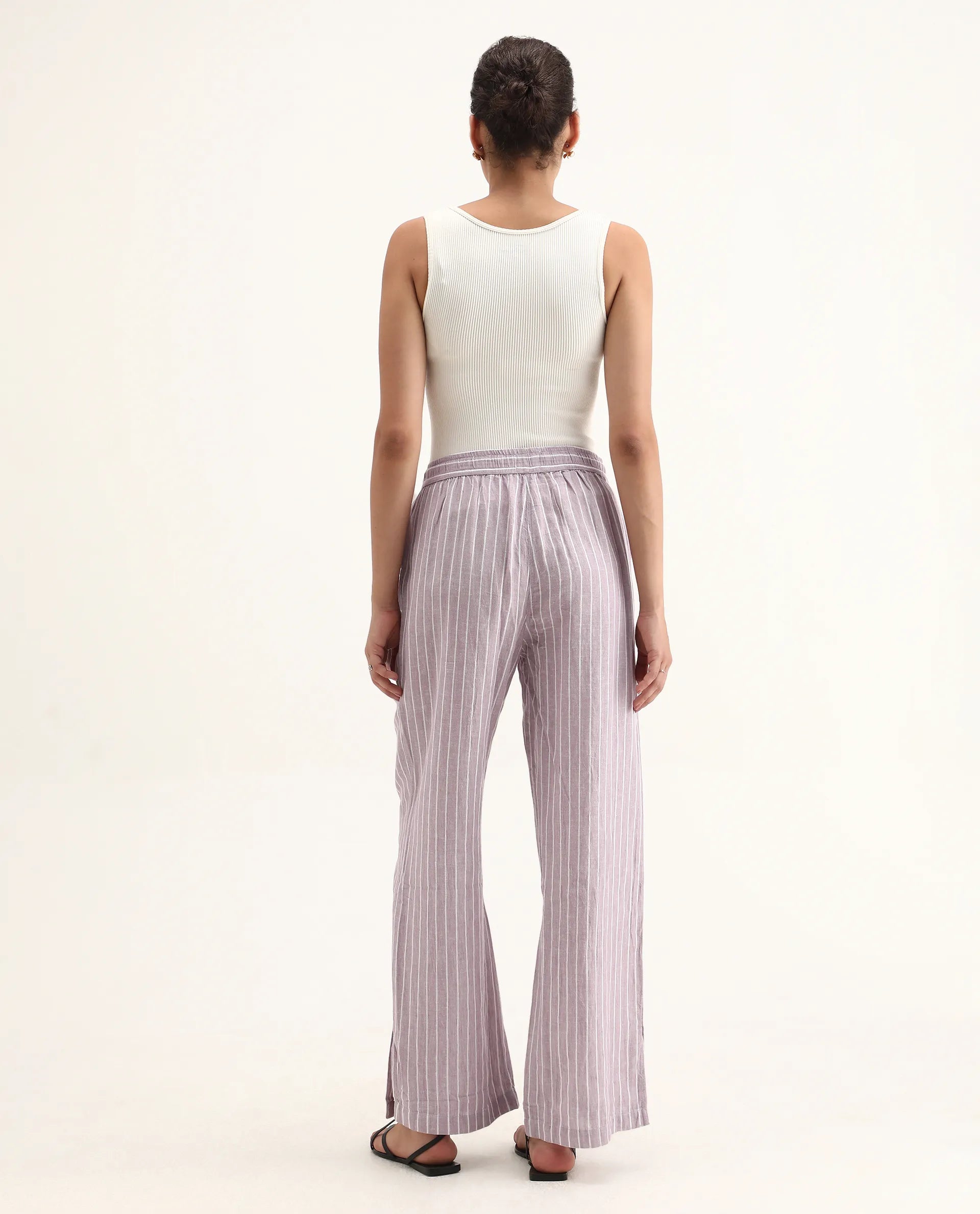 Rareism Women's Helena Purple Linen Striped Ankle Length Relaxed Fit Trouser