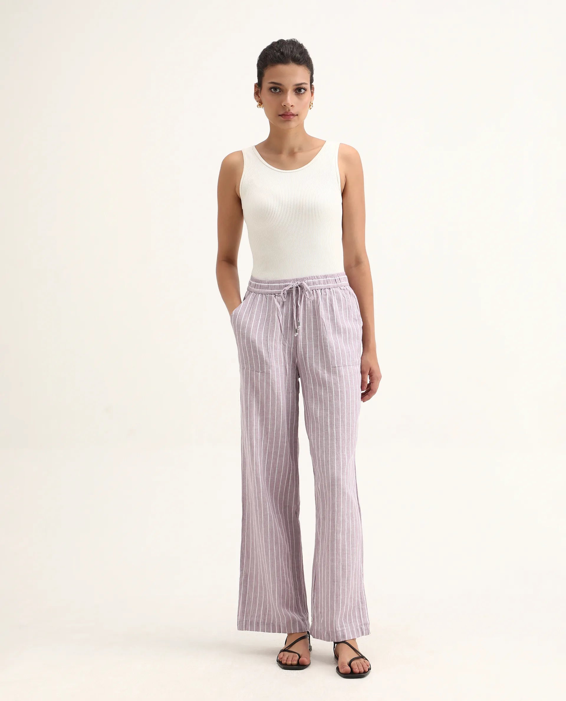 Rareism Women's Helena Purple Linen Striped Ankle Length Relaxed Fit Trouser