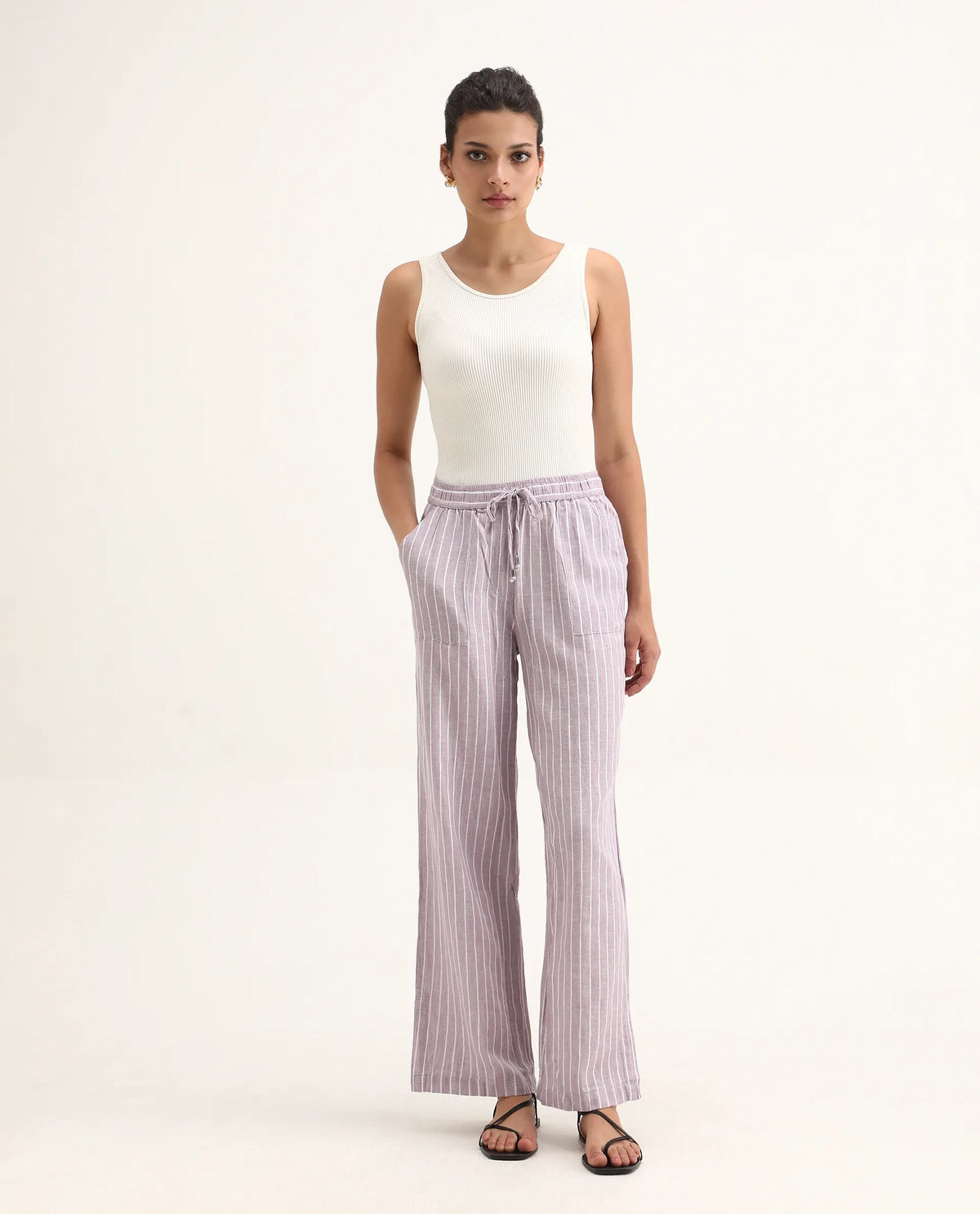 Rareism Women's Helena Purple Linen Striped Ankle Length Relaxed Fit Trouser