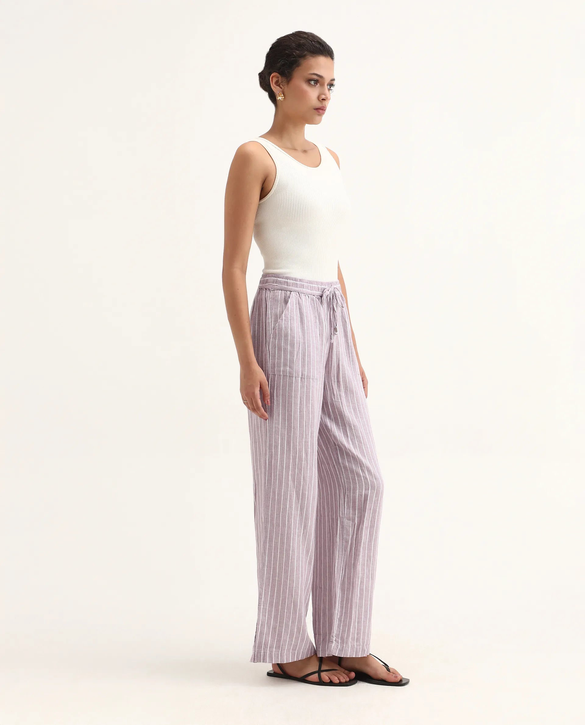 Rareism Women's Helena Purple Linen Striped Ankle Length Relaxed Fit Trouser