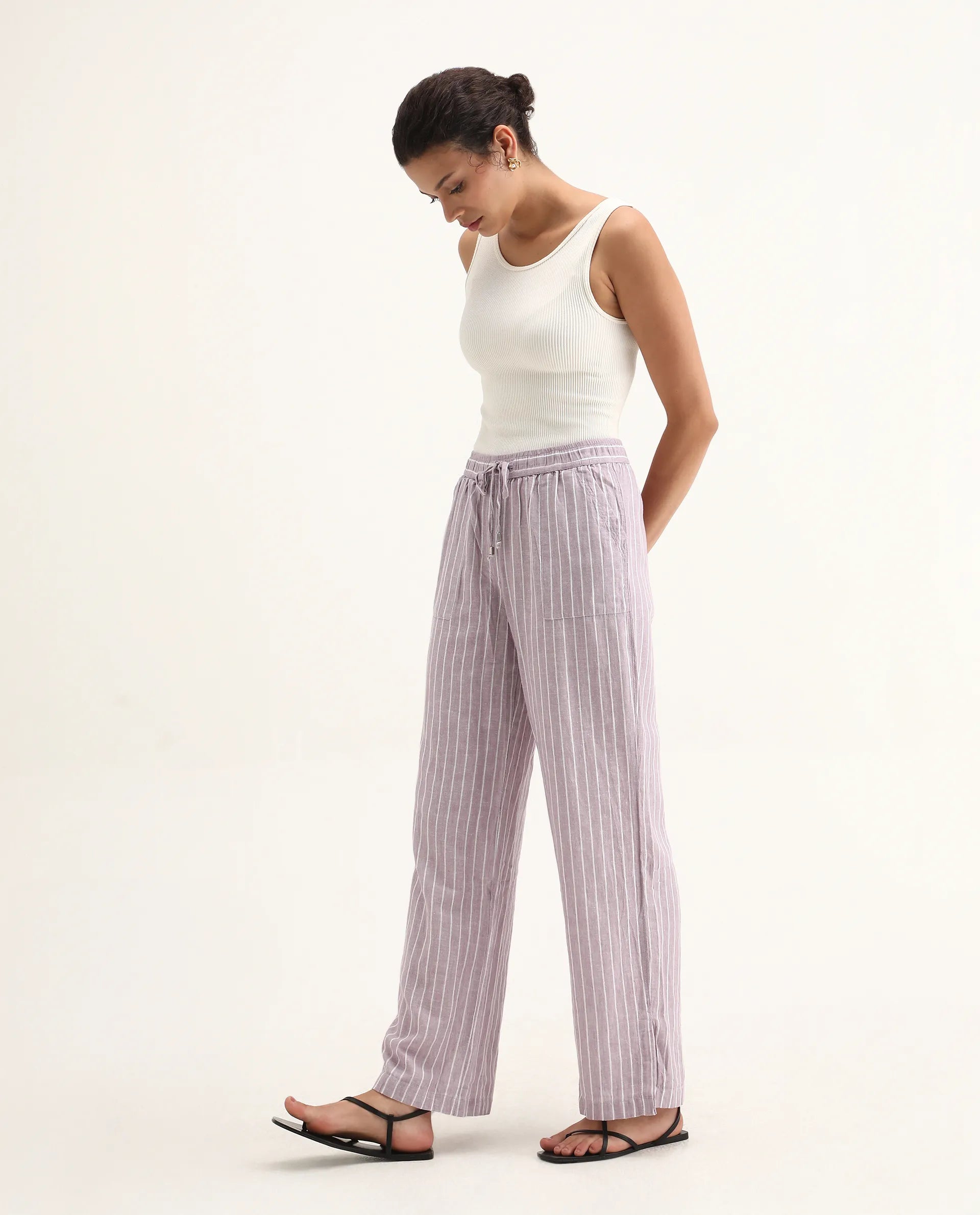 Rareism Women's Helena Purple Linen Striped Ankle Length Relaxed Fit Trouser
