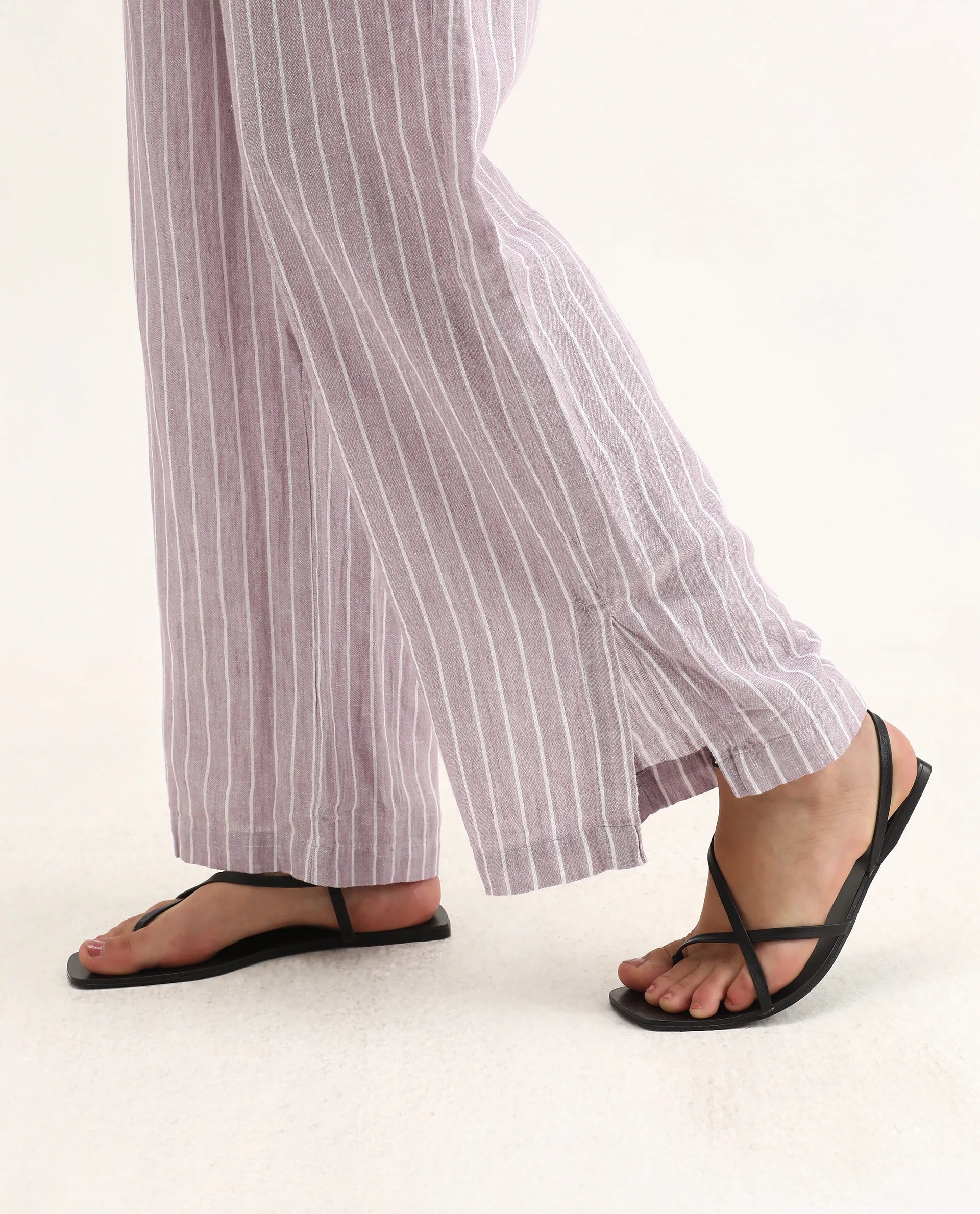 Rareism Women's Helena Purple Linen Striped Ankle Length Relaxed Fit Trouser
