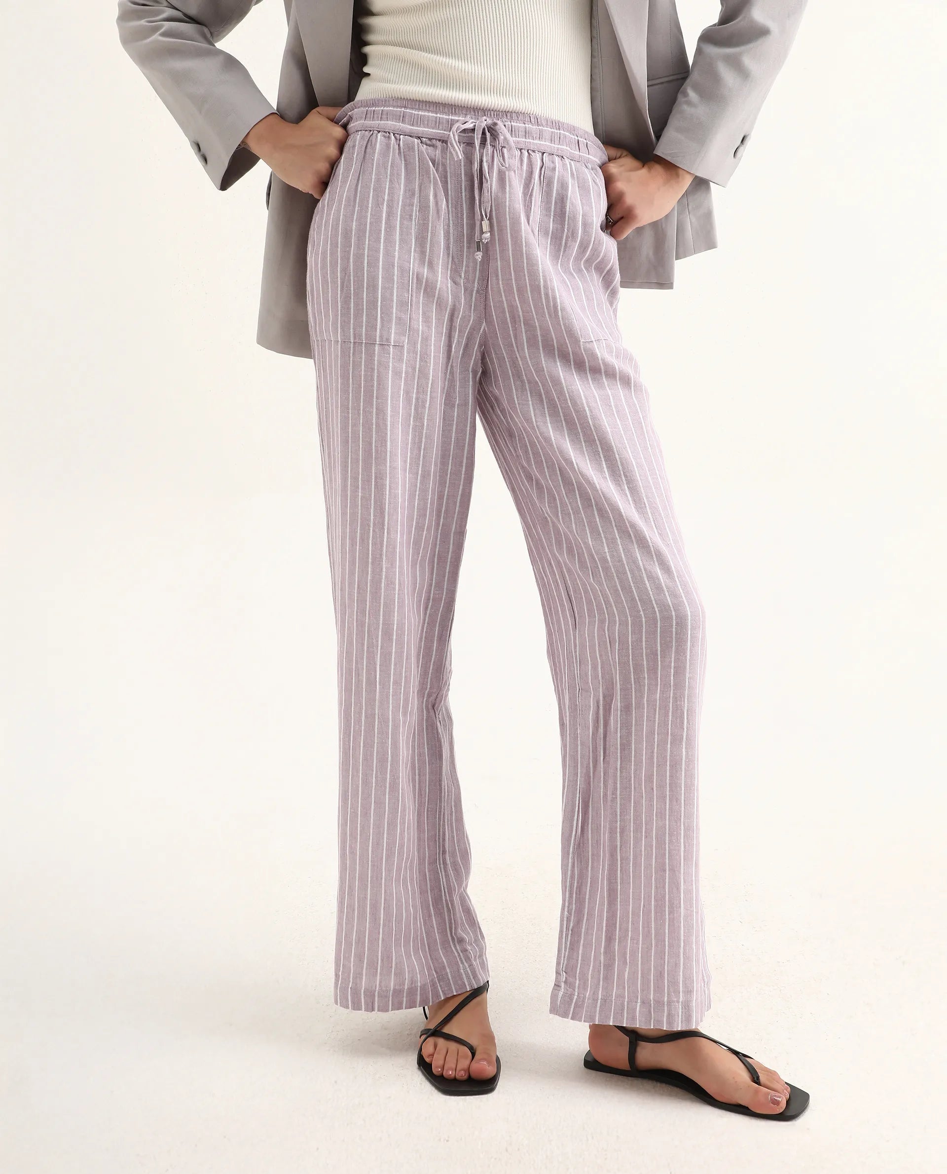 Rareism Women's Helena Purple Linen Striped Ankle Length Relaxed Fit Trouser