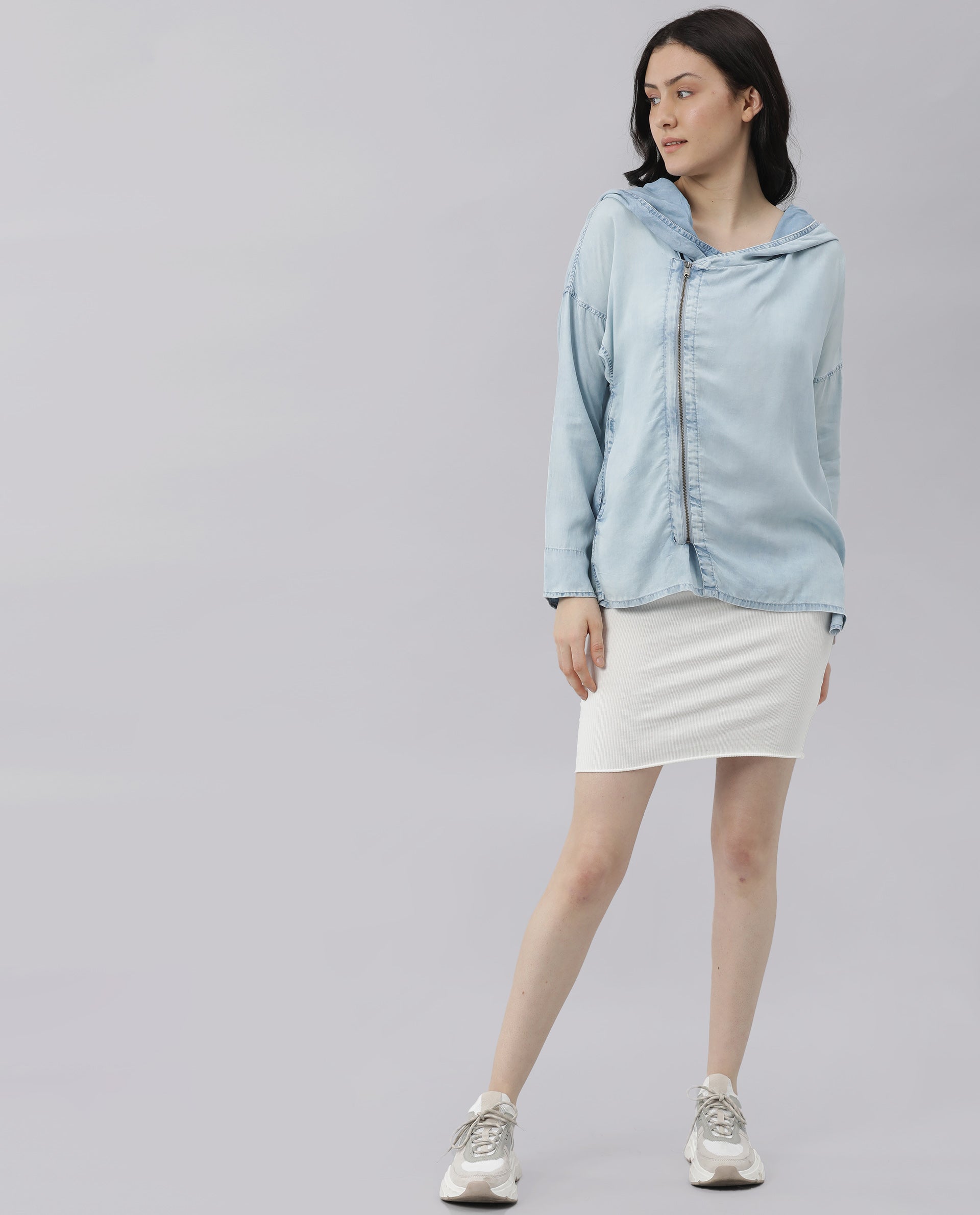 Rareism Womens Hemp Light Blue Hoodie Zipper Closure