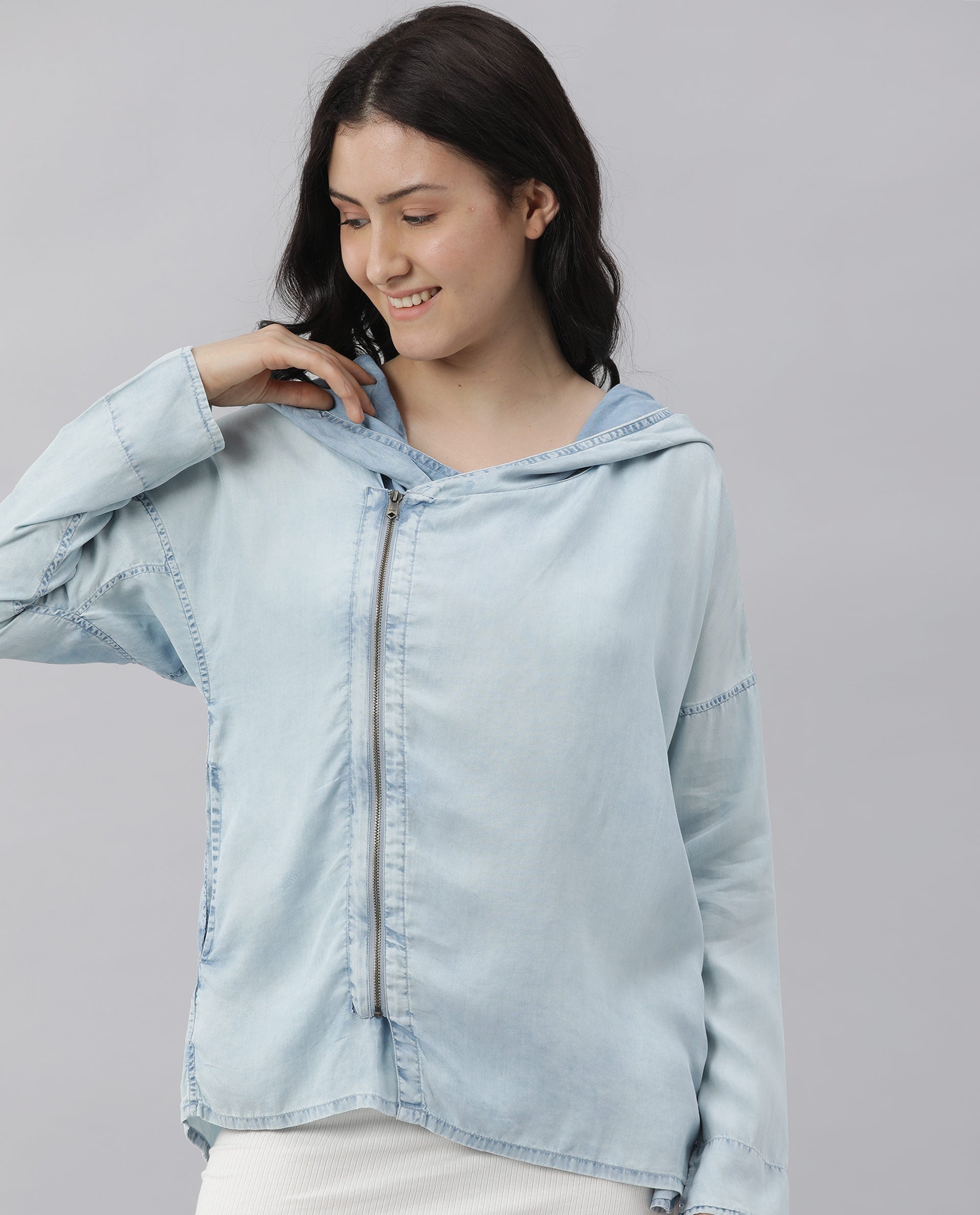 Rareism Womens Hemp Light Blue Hoodie Zipper Closure